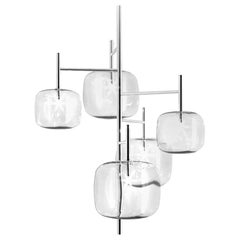 Moderno, lampada a sospensione in vetro a 5 luci con finitura in nichel, Made in Italy