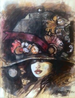 Vintage Woman expressionist portrait mixed media painting