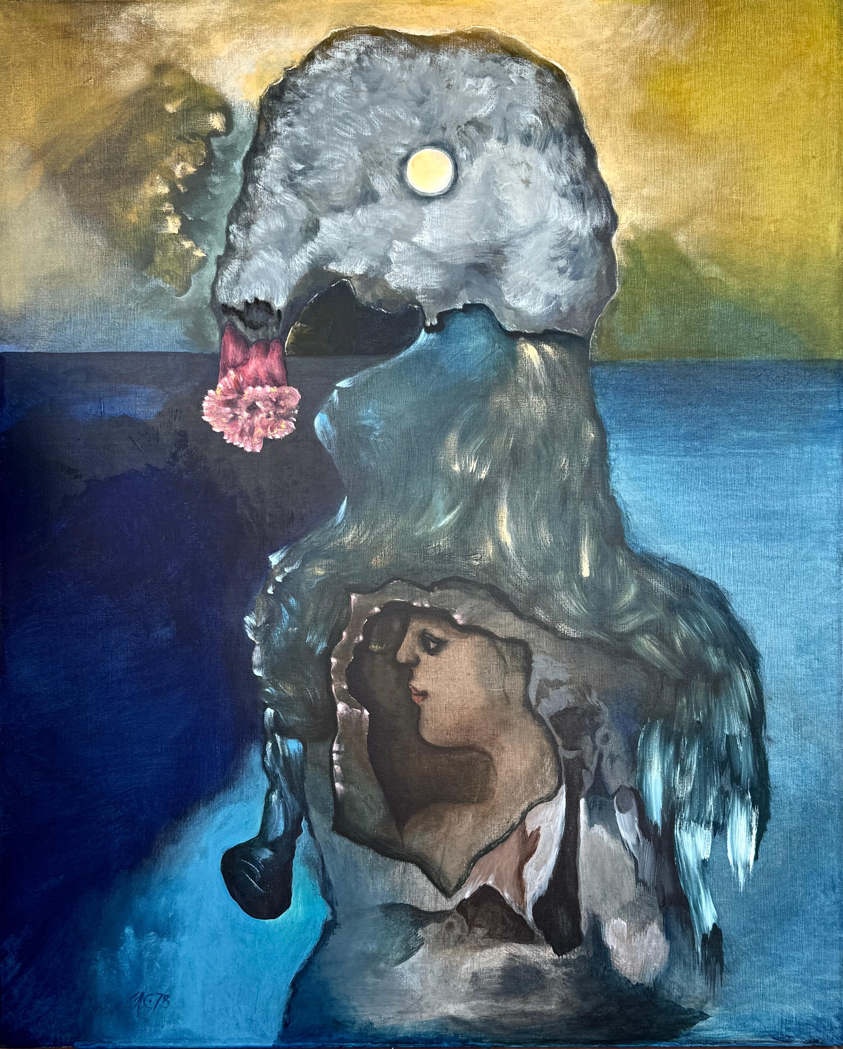Surrealist Female Portrait with Floral and Lunar Imagery, Spanish Modern Art