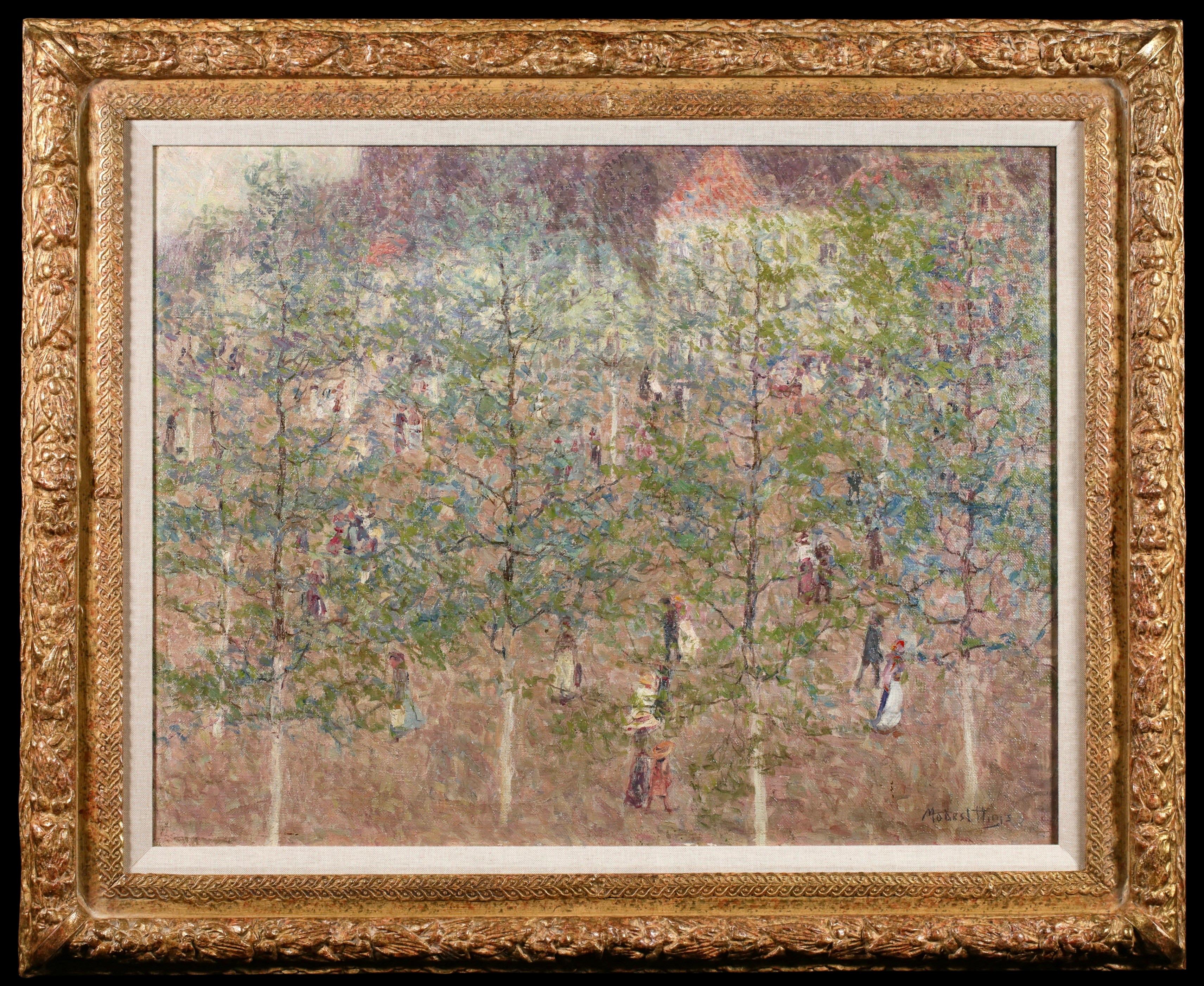 Signierte Öl auf Leinwand Landschaft von belgischen postimpressionistischen Maler Modest Huys. Dieses atemberaubende Werk zeigt eine Ansicht des Großen Parks in Oudenaarde, Belgien. Durch die Lücken in den hohen Bäumen kann man Paare beobachten, die