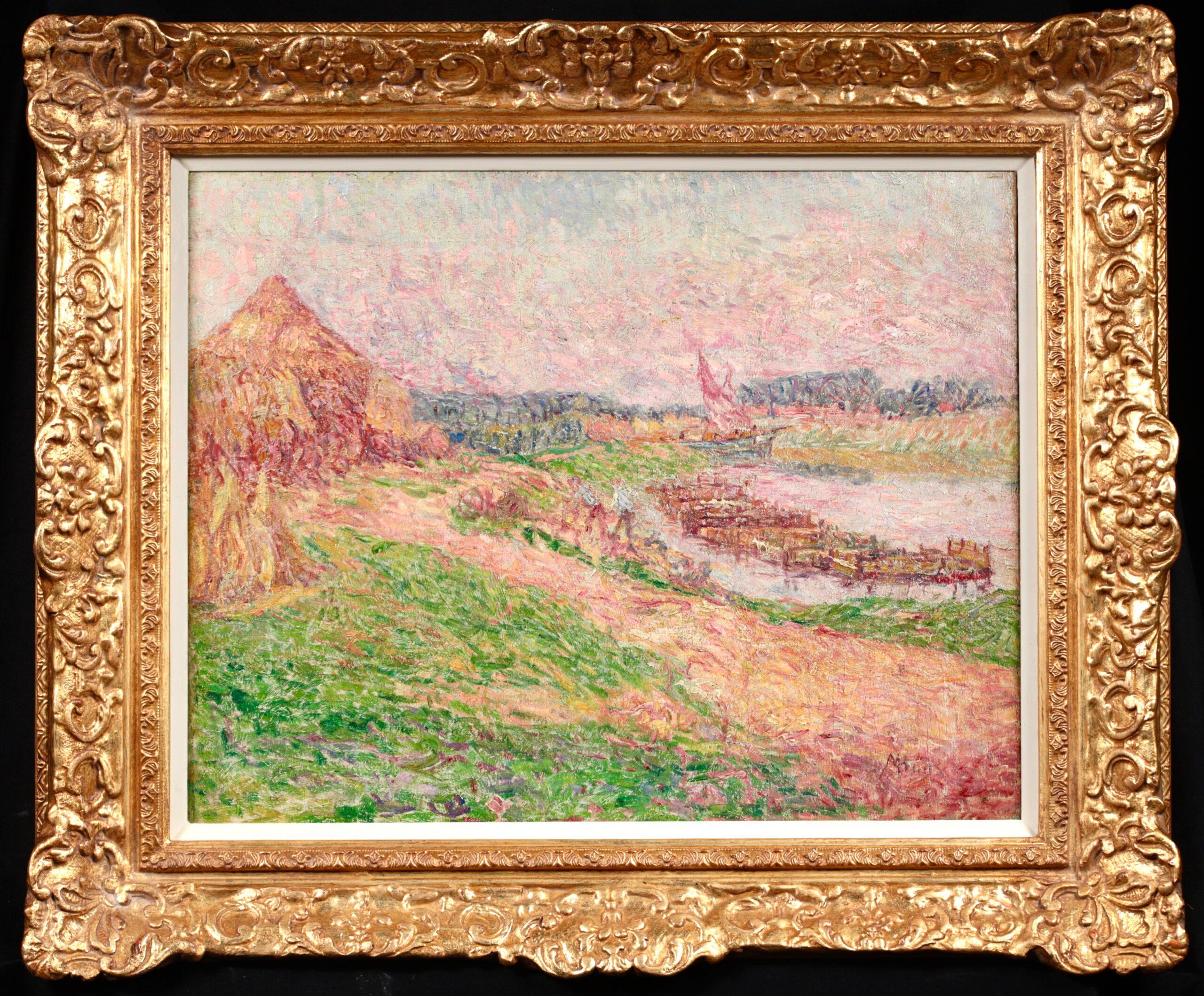 Signed divisionist landscape oil on canvas by Belgian post impressionist painter Modest Huys. This stunning piece depicts workers on the bank of a river loading flax onto barges.

Signature:
Signed lower right

Dimensions:
Framed: 23"x27" 
Unframed: