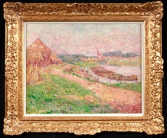 Antique Loading Flax on the Barges - Post Impressionist Landscape Oil by Modest Huys