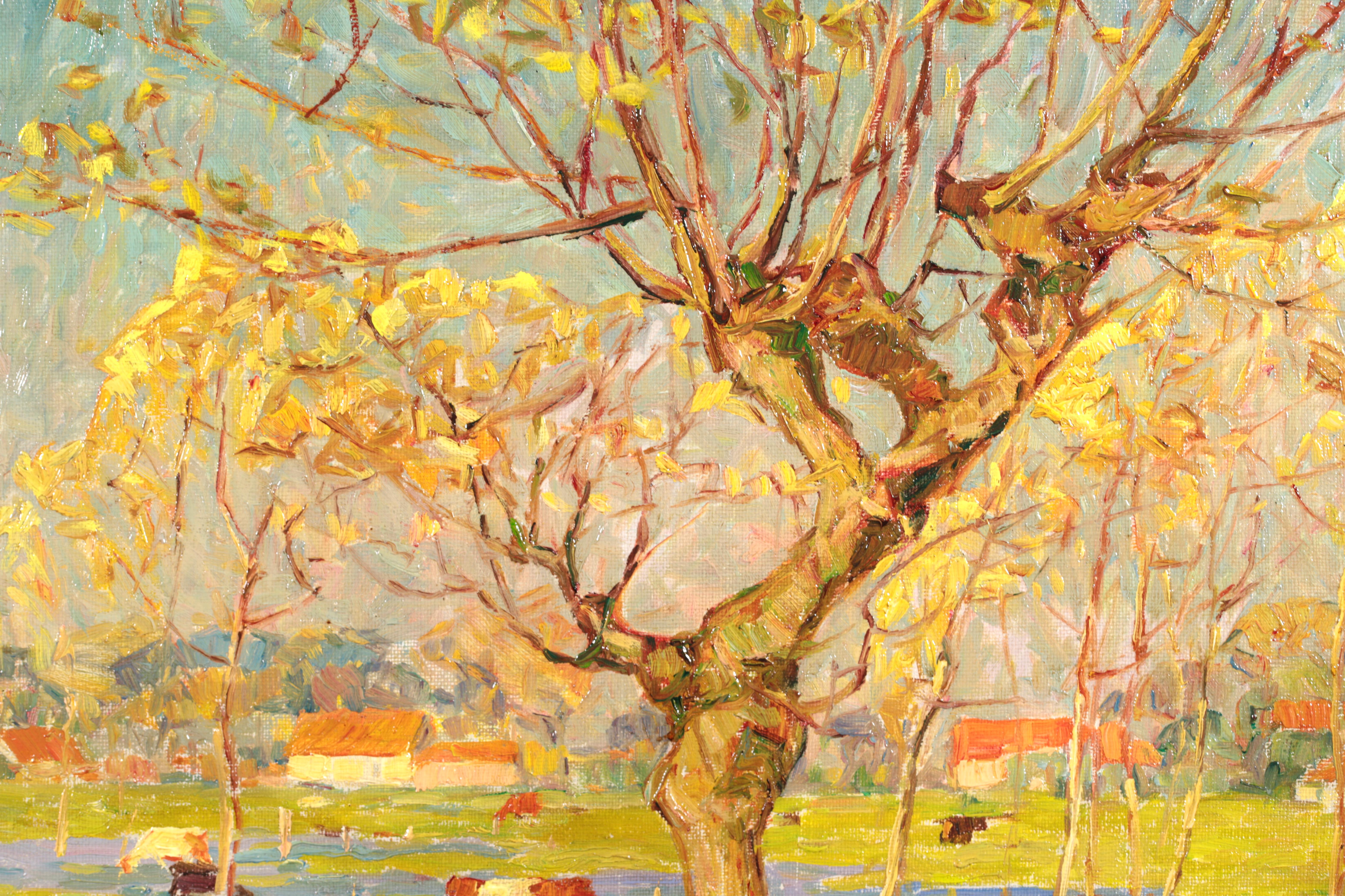 Radiant Autumn -Wakken - Post Impressionist Oil, Cows in Landscape - Modest Huys For Sale 6