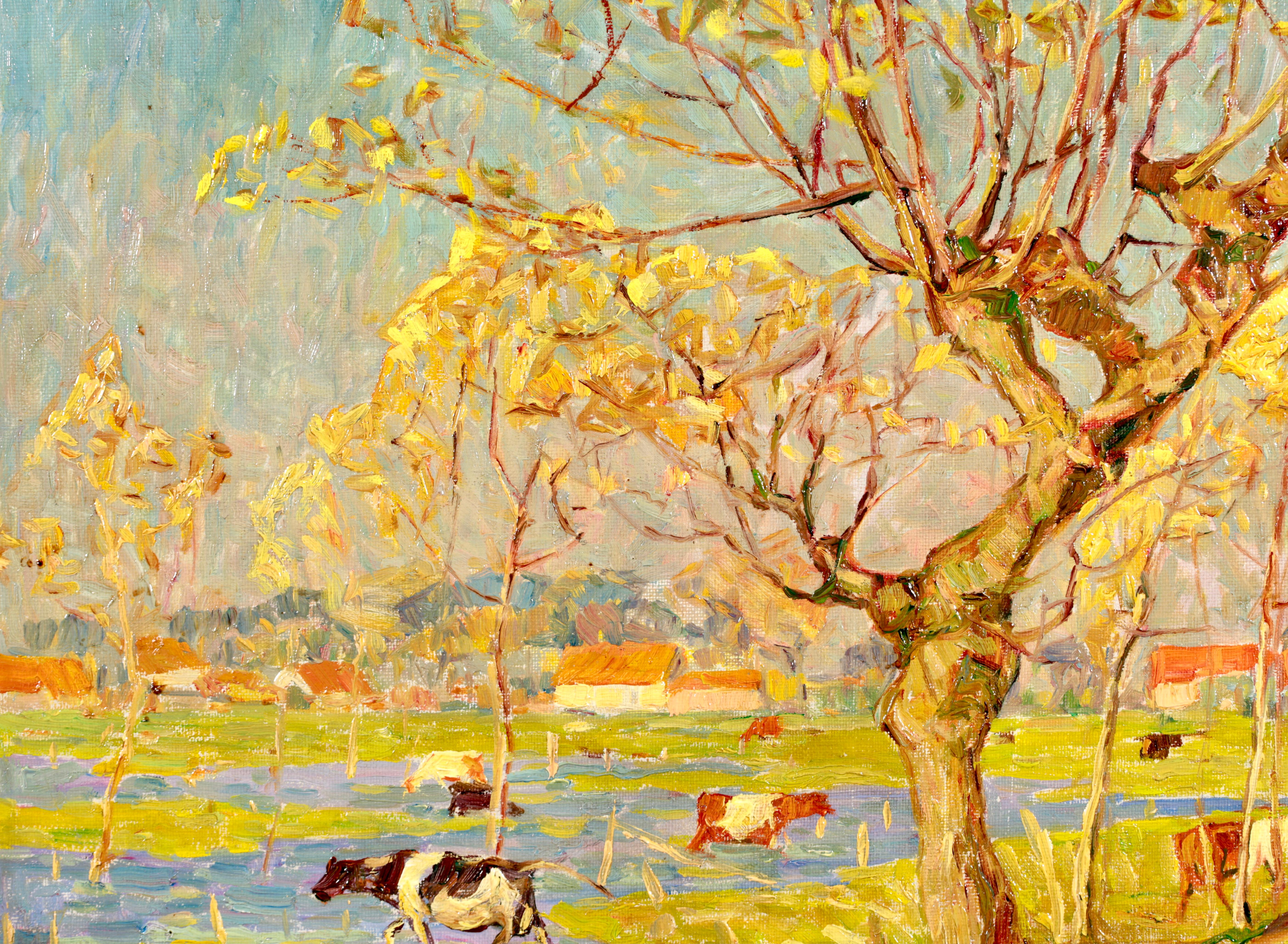 Radiant Autumn -Wakken - Post Impressionist Oil, Cows in Landscape - Modest Huys For Sale 1