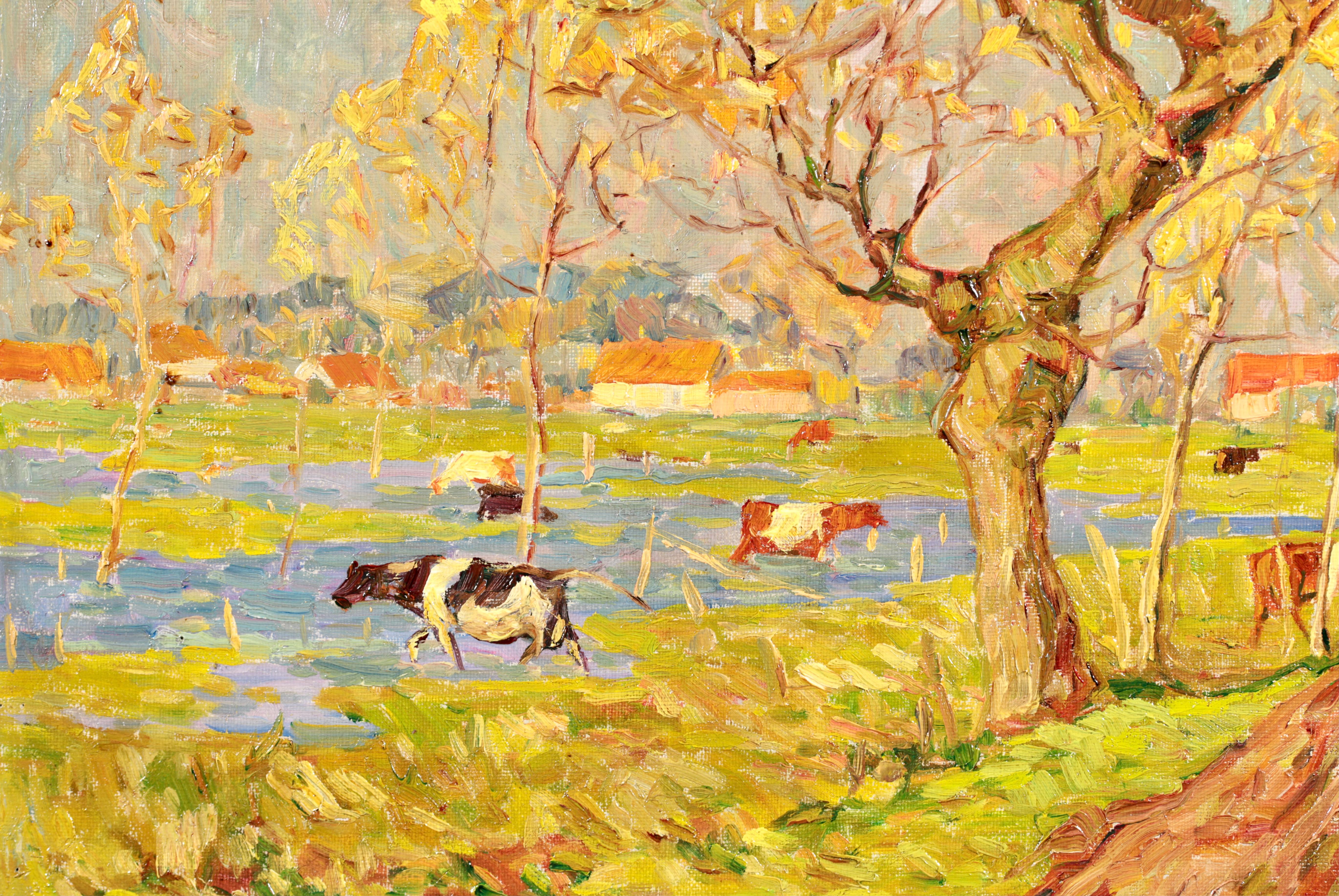 Radiant Autumn -Wakken - Post Impressionist Oil, Cows in Landscape - Modest Huys For Sale 2