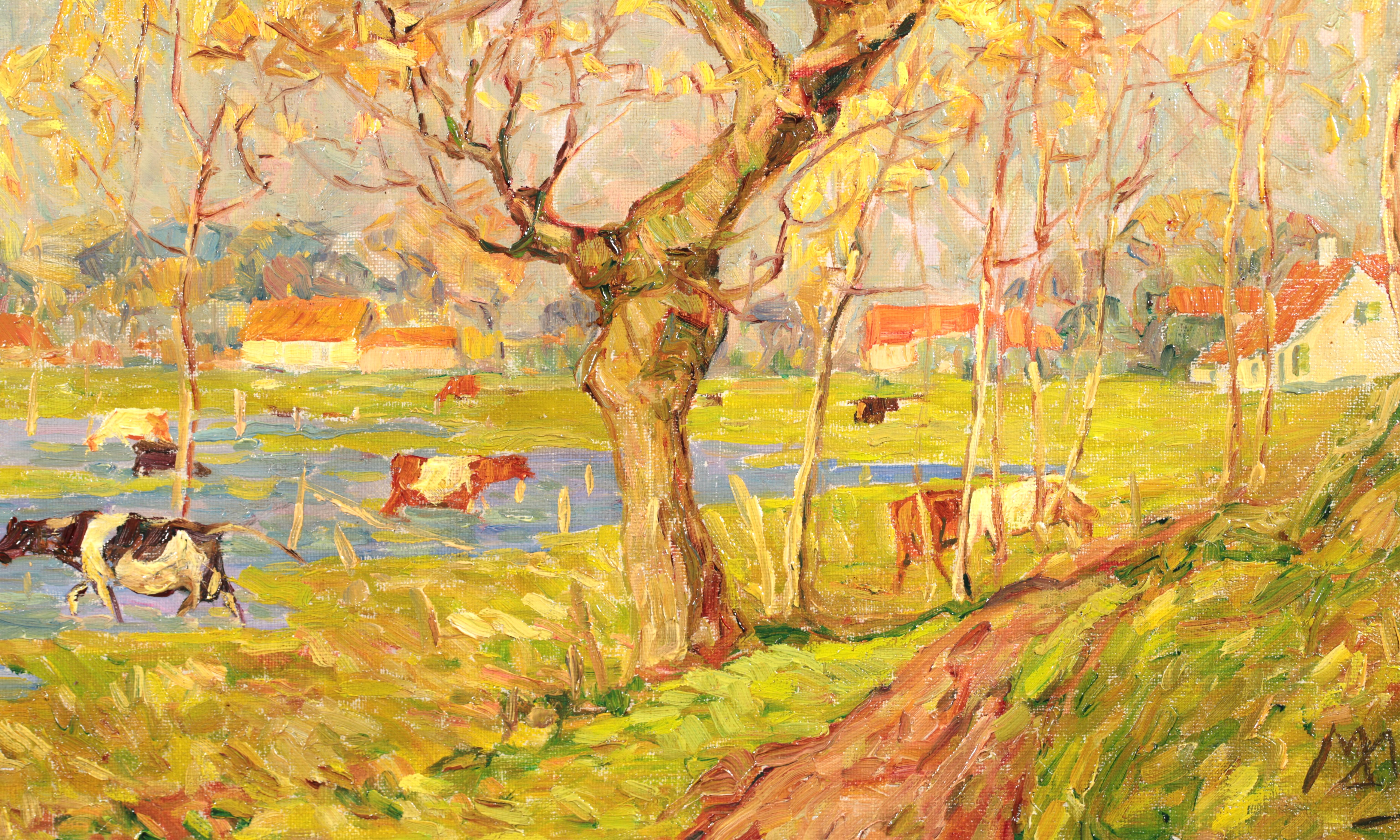 Radiant Autumn -Wakken - Post Impressionist Oil, Cows in Landscape - Modest Huys For Sale 3
