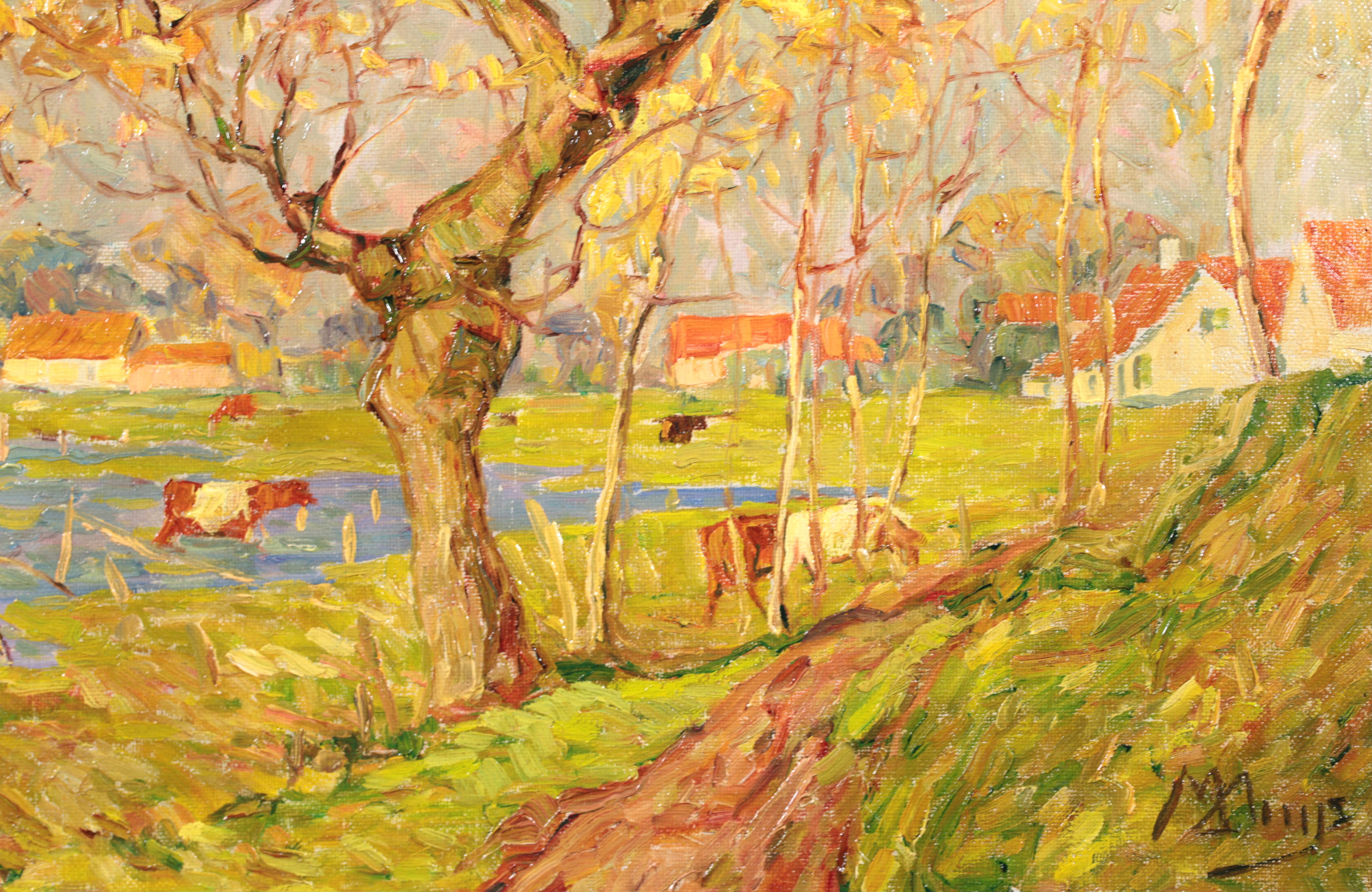 Radiant Autumn -Wakken - Post Impressionist Oil, Cows in Landscape - Modest Huys For Sale 4