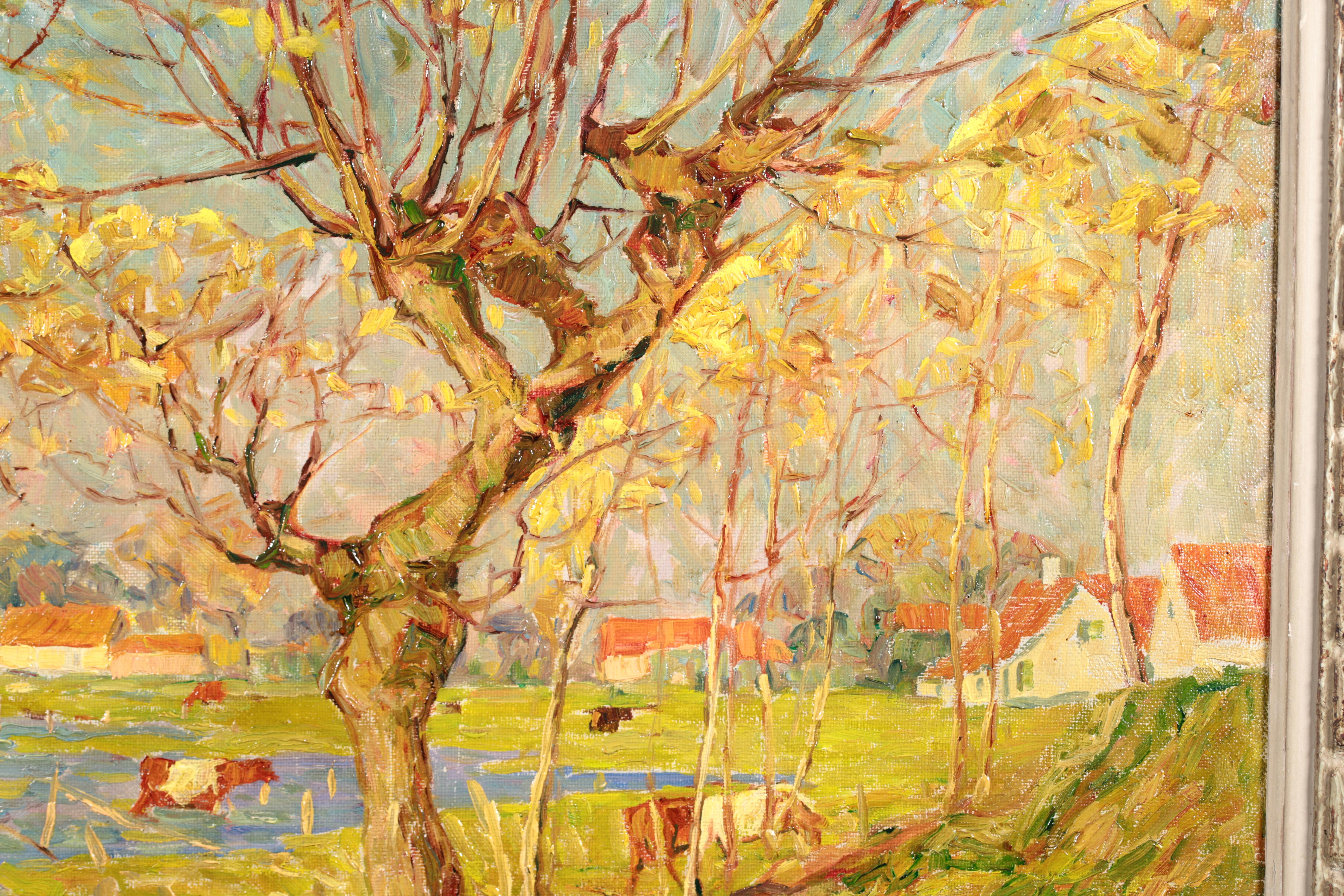 Radiant Autumn -Wakken - Post Impressionist Oil, Cows in Landscape - Modest Huys For Sale 5