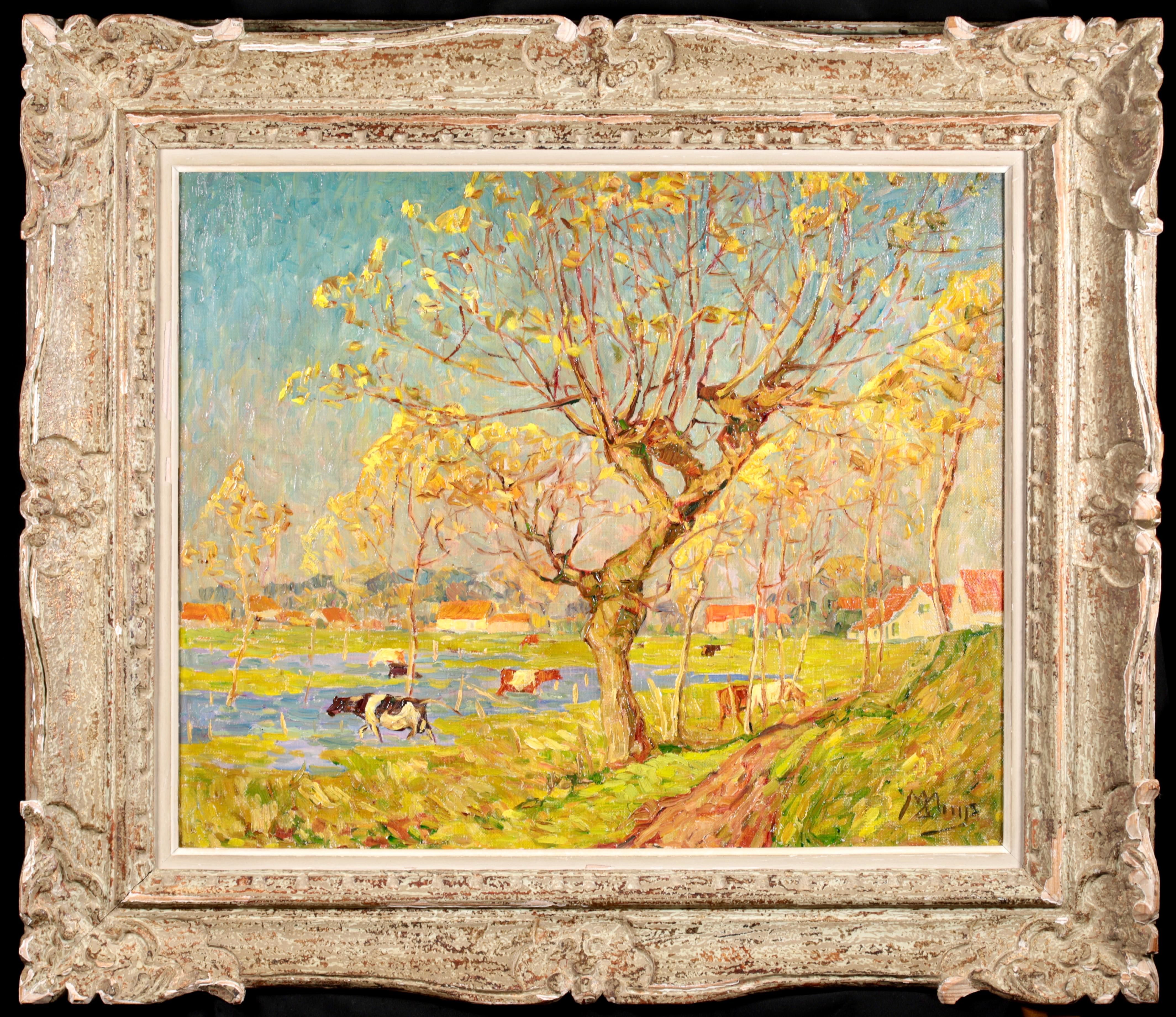 Huile sur toile signée et datée d'un paysage divisionniste du peintre post impressionniste belge Modest Huys. Cette magnifique pièce est intitulée "Radiant Autumn - Wakken". Elle représente du bétail dans une rivière et broutant sur ses rives. Le