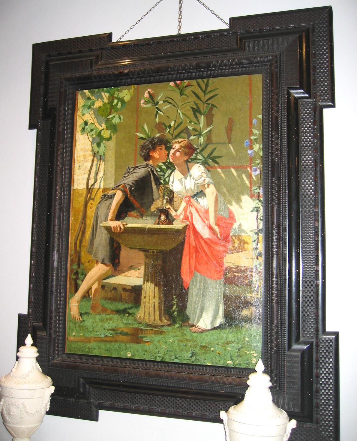 Lovers at the Fountain – Italienisches figuratives Gemälde, Öl auf Leinwand, 19. Jahrhundert  im Angebot 6