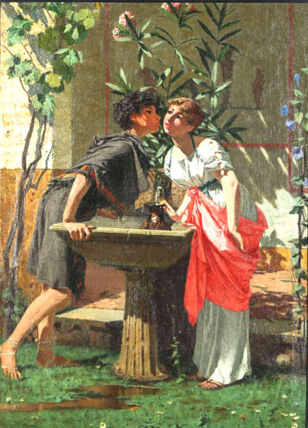 Lovers at the Fountain – Italienisches figuratives Gemälde, Öl auf Leinwand, 19. Jahrhundert  (Schwarz), Interior Painting, von Modesto Faustini