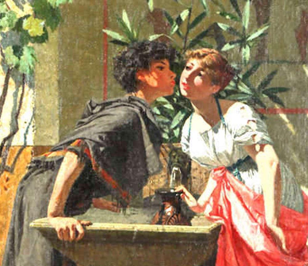 Los amantes en la fuente - Pintura figurativa italiana al óleo sobre lienzo del siglo XIX en venta 1