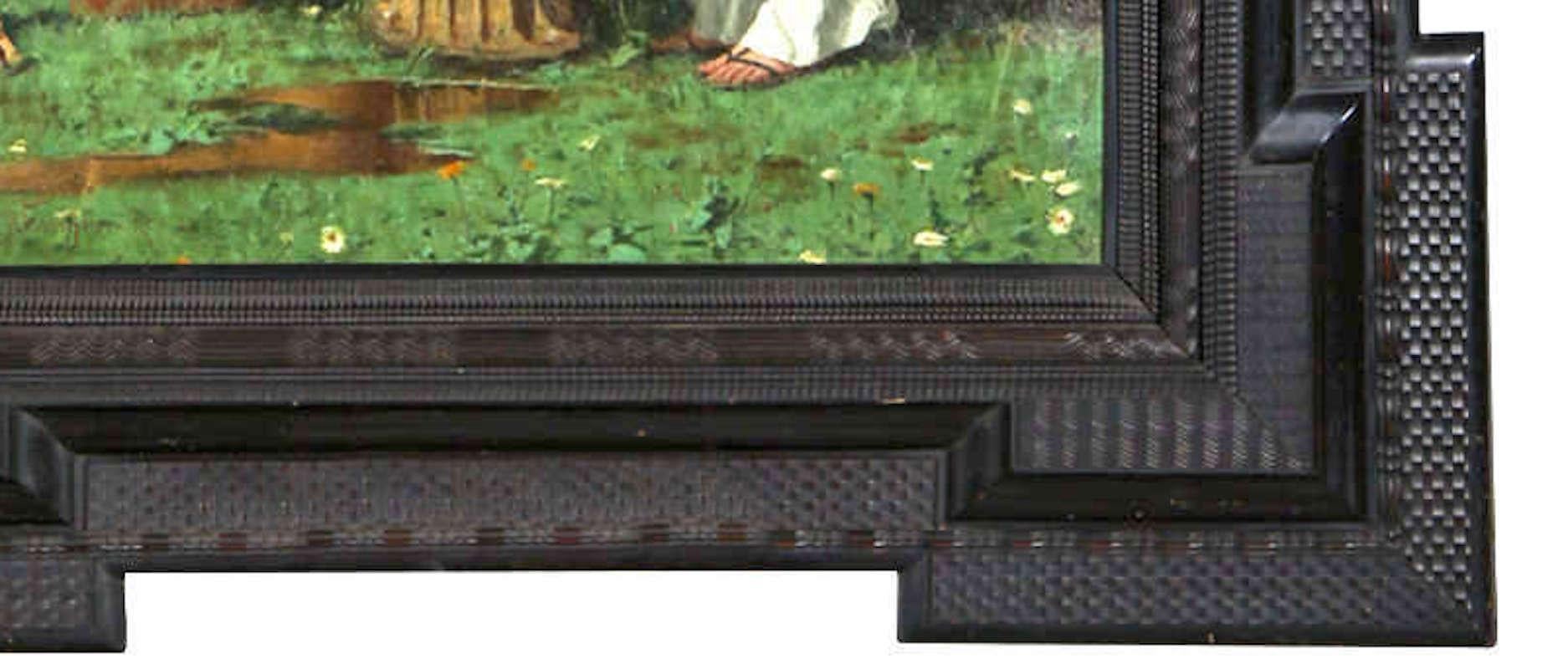 Les amoureux à la fontaine - Huile sur toile figurative italienne du XIXe siècle en vente 4