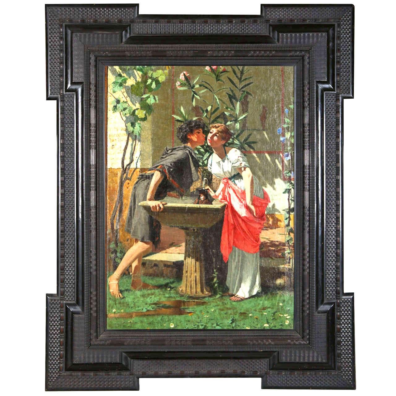 Modesto Faustini Interior Painting - Lovers at the Fountain - Italian 19th Century Figurative Oil on Canvas Painting 
