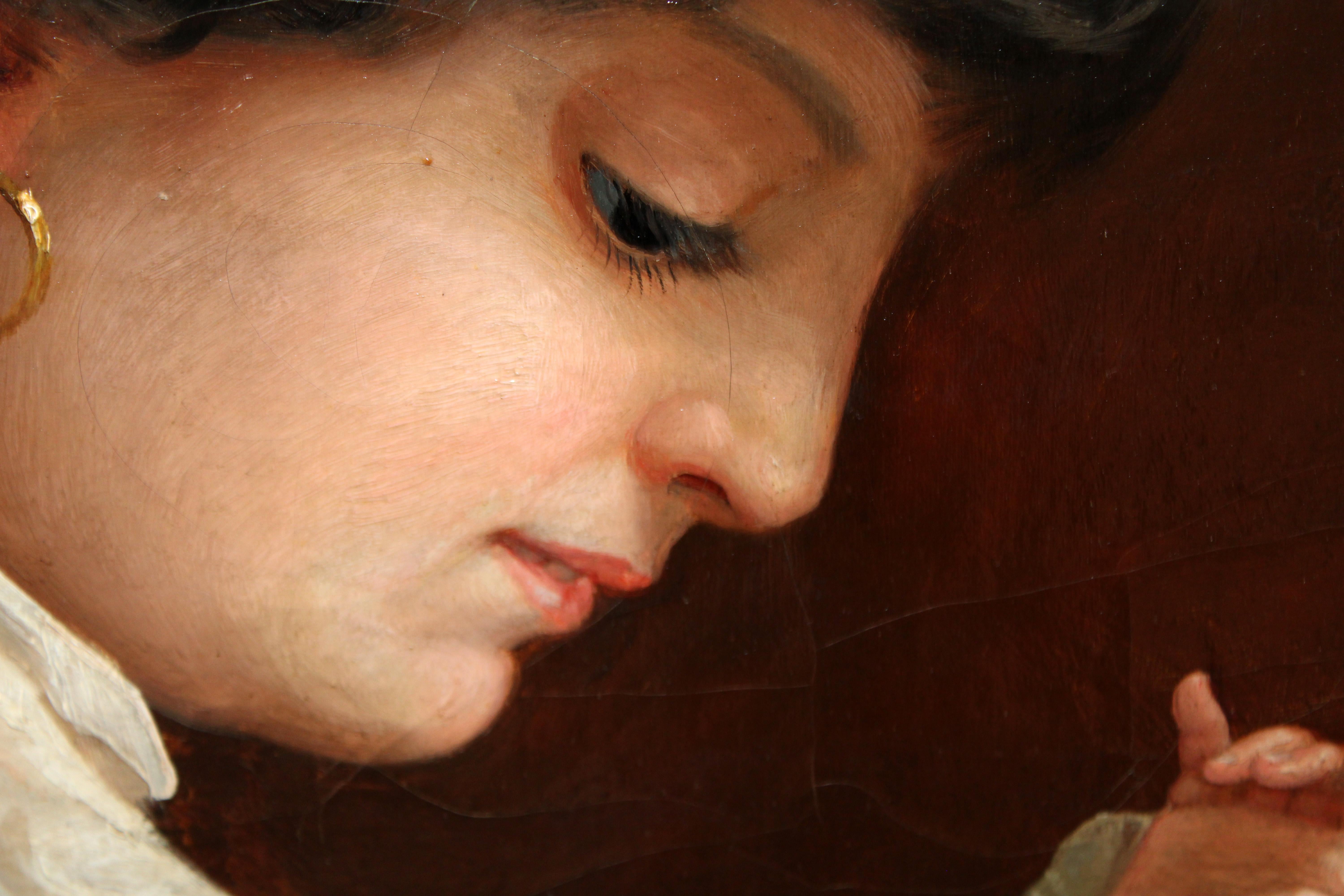 La obra va firmada en la parte inferior

Se presenta enmarcada la obra con un bello marco de la época de la obra en madera dorara (el marco presenta alguna leve falta)

El estado de la pintura es aceptable, solo comentar que presenta algunas