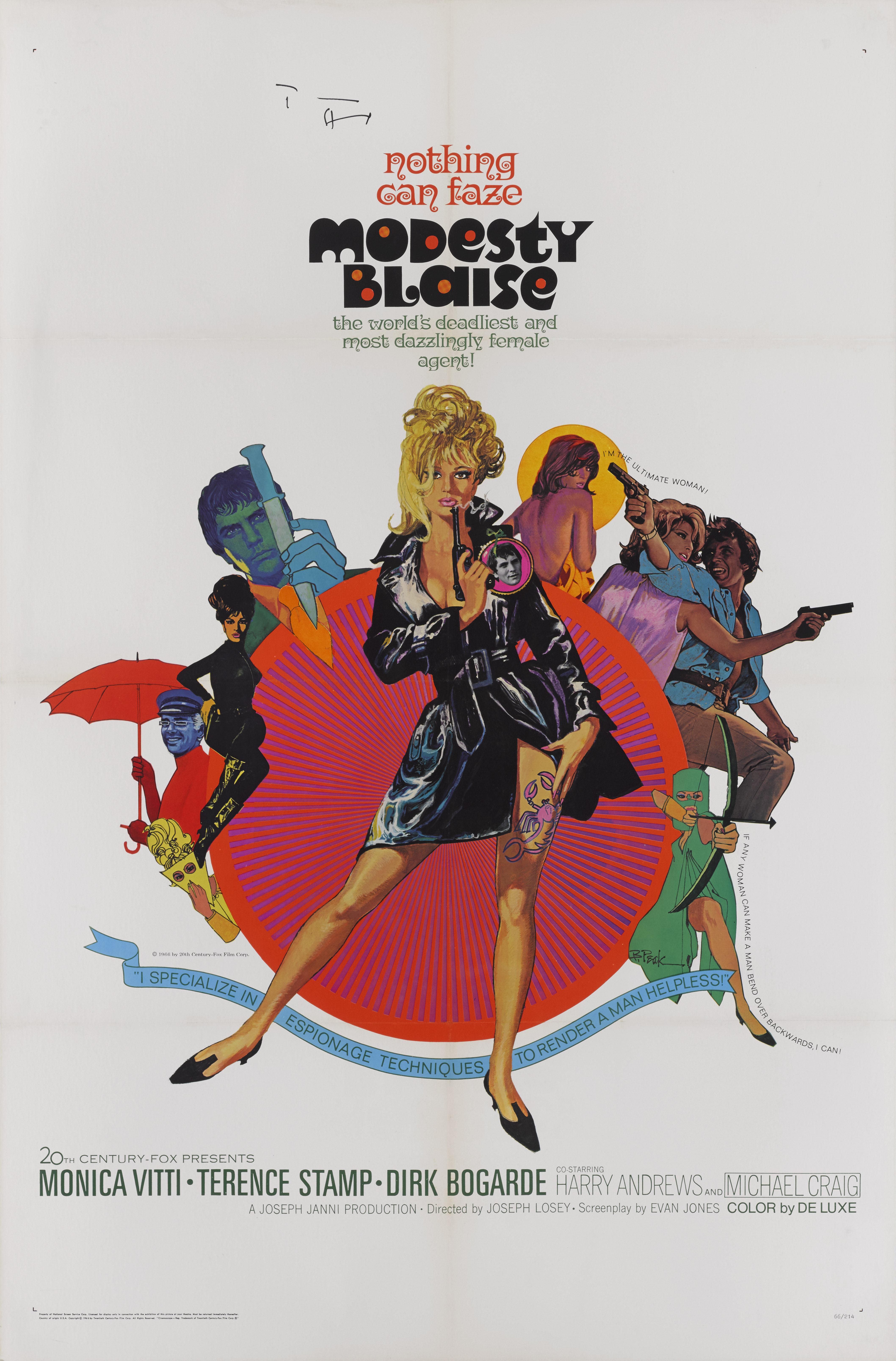 Original US film poster designed by Bob Peak (1927-1992) and used for the 1966 film directed by Joseph Losey, and is roughly based on the popular comic strip Modesty Blaise by Peter O'Donnell. The film stars Monica Vitti (in her first English