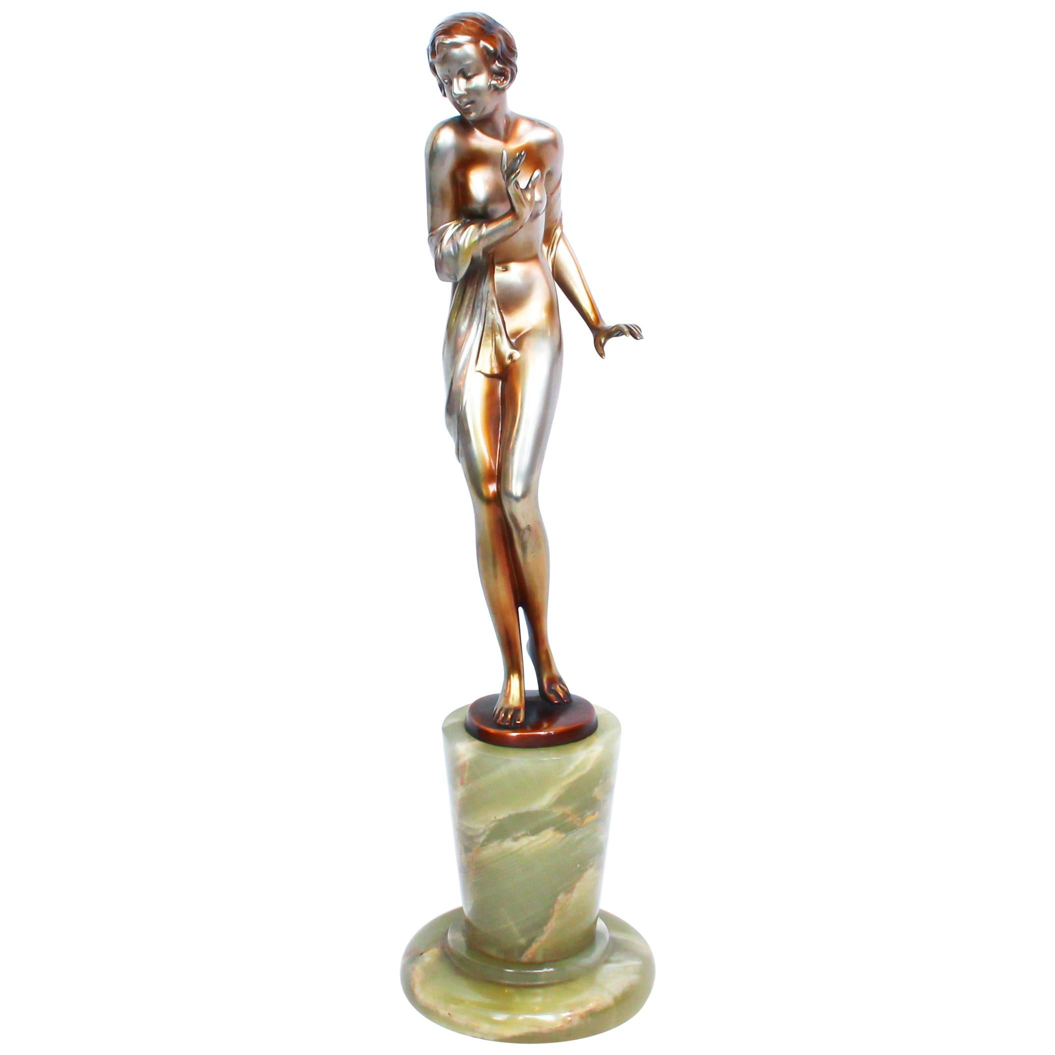 Josef Lorenzl "Modesty"  Art Deco cold painted silvered bronze figure Circa 1930