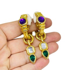 MODLE signed vintage gold tone glass tones designer clip on earrings