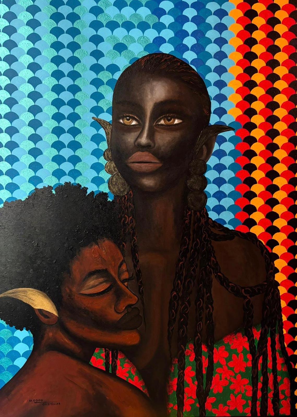 Portrait Painting Modou Guèye - Entre Feu et Ocean - 21e siècle, portrait contemporain, mixed media, Afrique