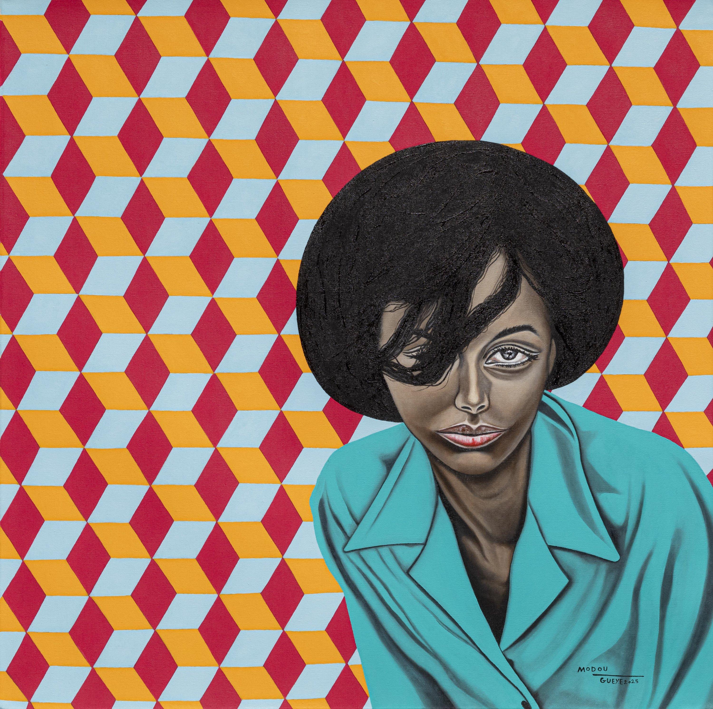 Modou Guèye Portrait Painting – L
âme en Reflet - 21. Jahrhundert, Zeitgenössisches Porträt, Mischtechnik, Afrika