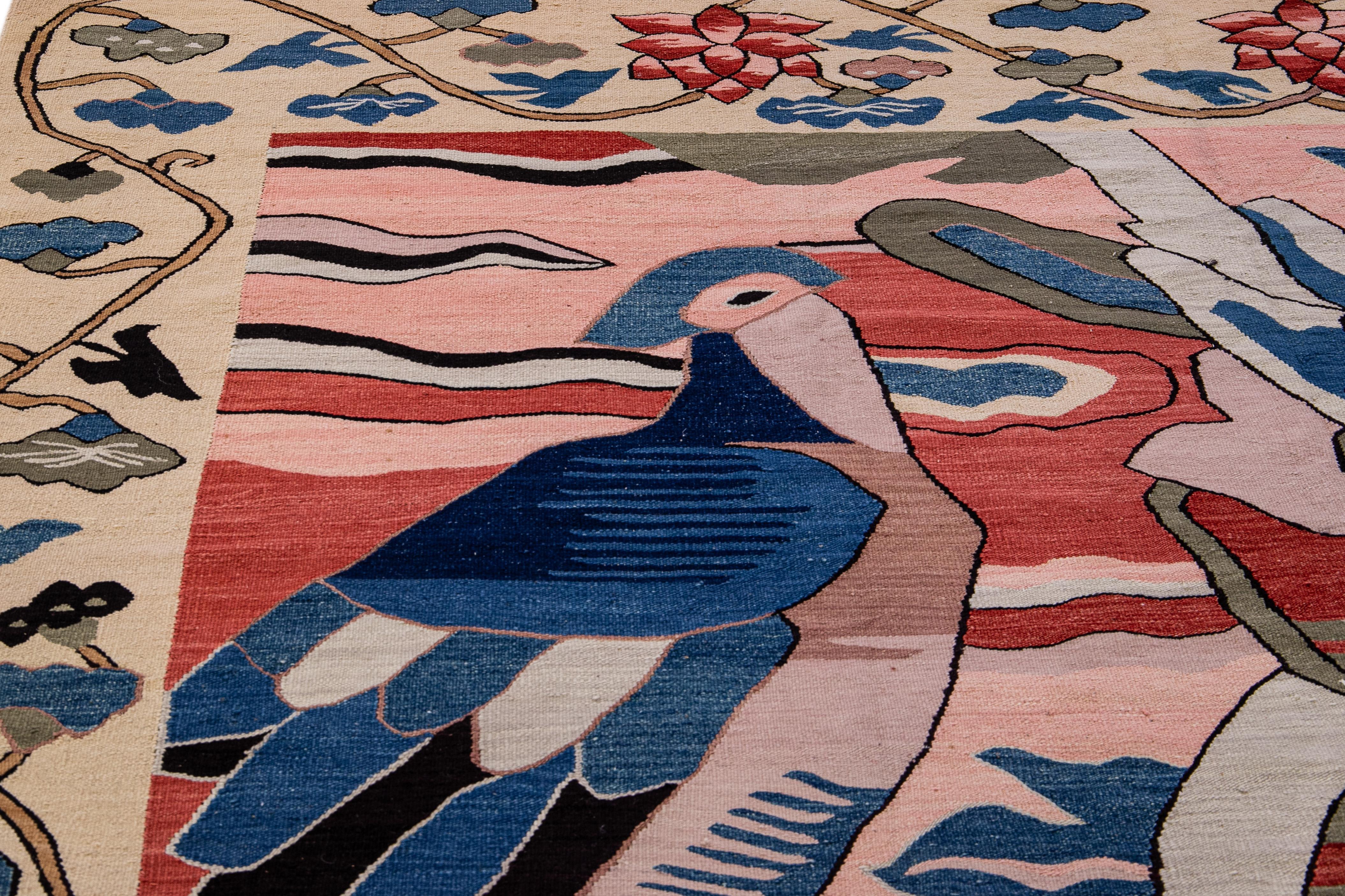 Contemporary Modern Kilim Flatweave Multicolor peacock Birds Folk And Art Motif Wool Rug For Sale