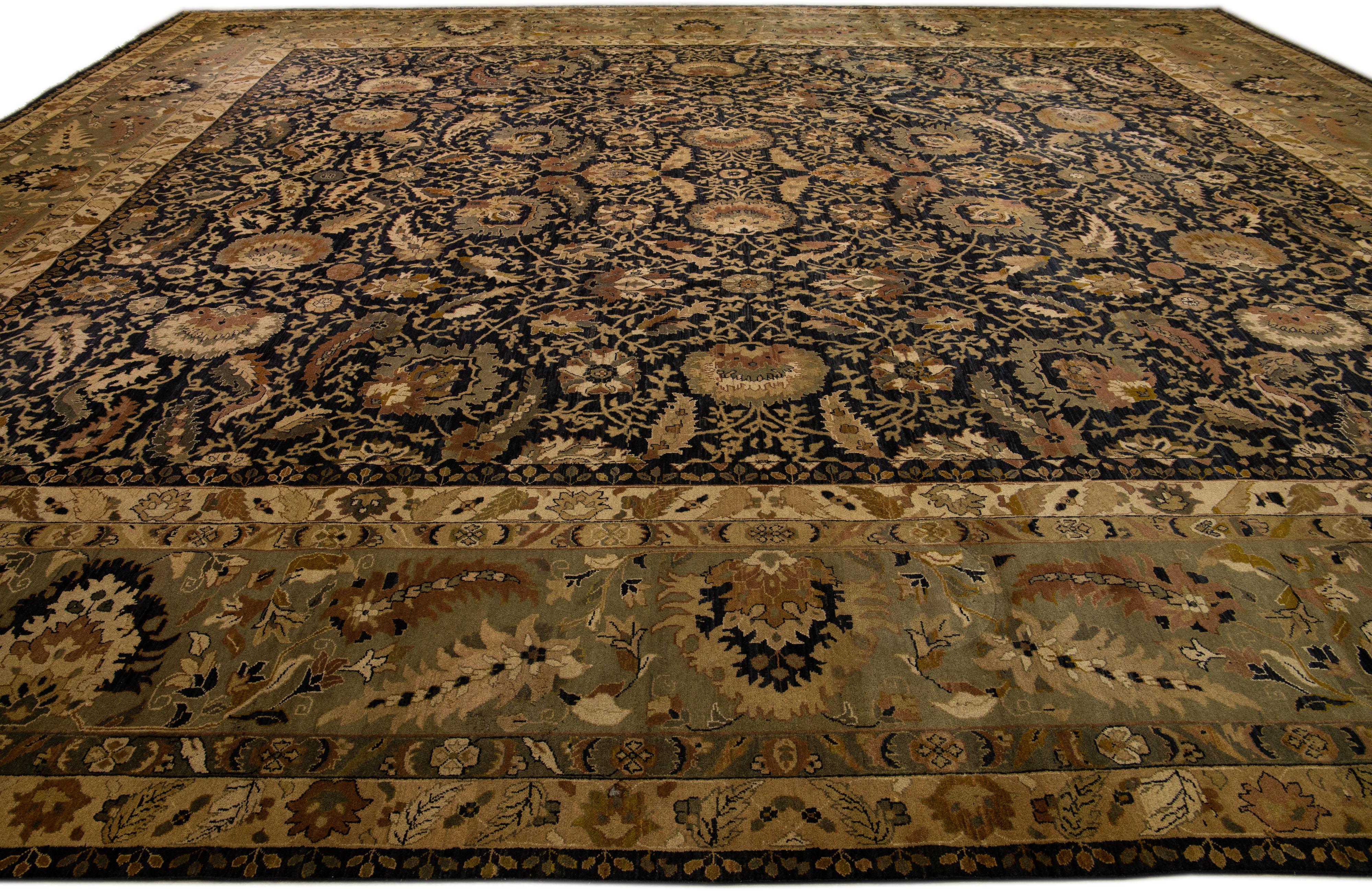 Indian Modern Sultanabad Style Black & Green Wool Rug with Allover Floral Pattern For Sale