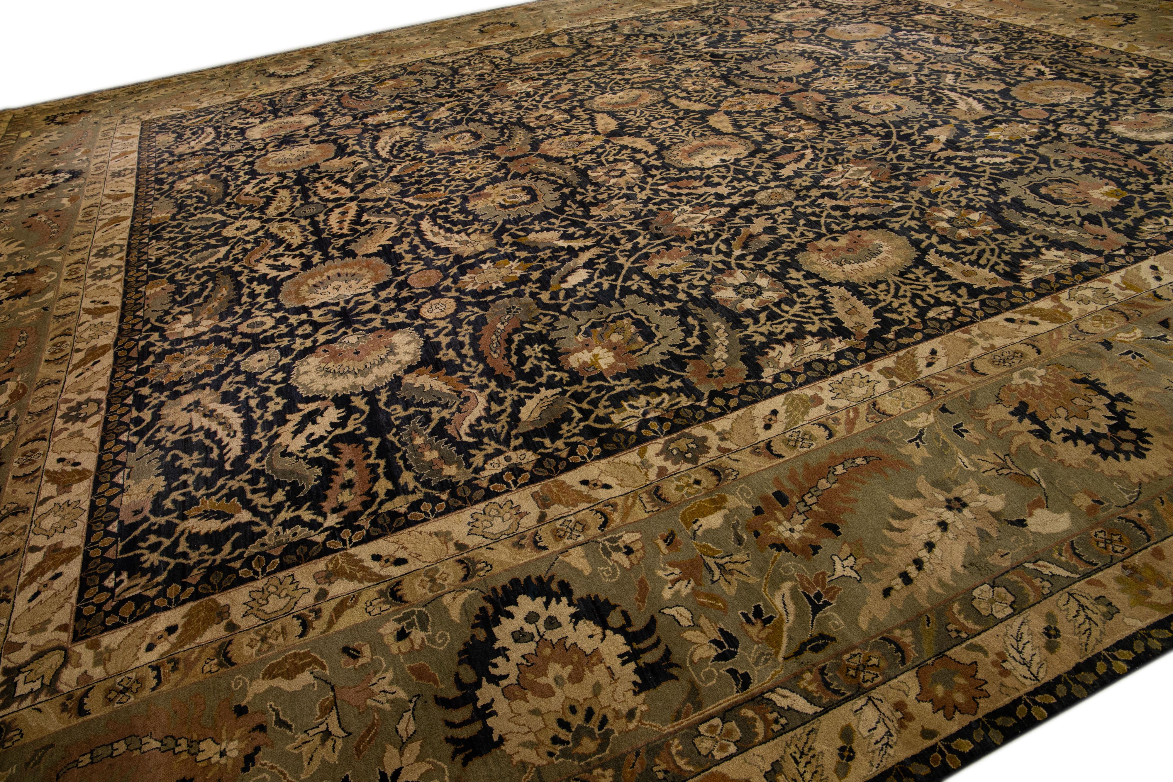 Hand-Knotted Modern Sultanabad Style Black & Green Wool Rug with Allover Floral Pattern For Sale