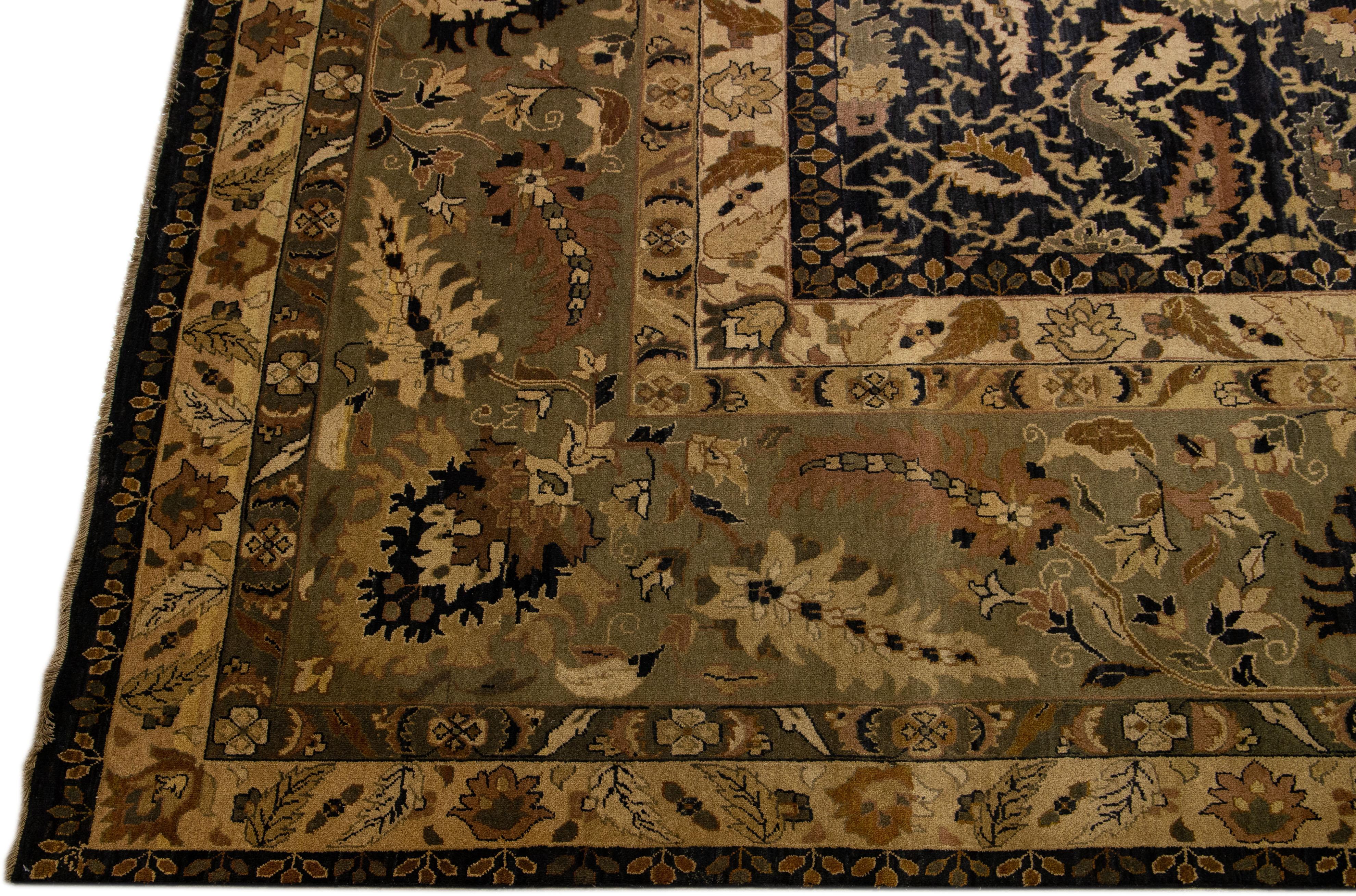 Modern Sultanabad Style Black & Green Wool Rug with Allover Floral Pattern In Good Condition For Sale In Norwalk, CT