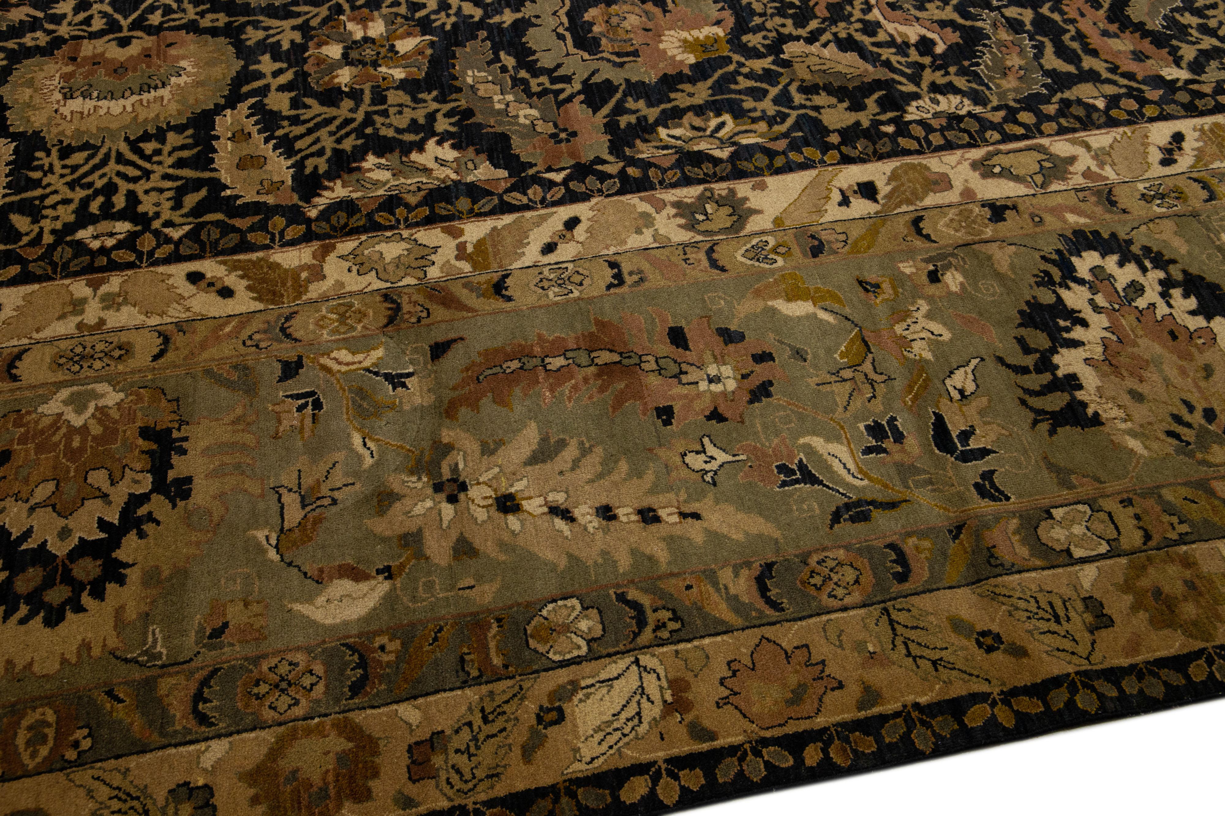 20th Century Modern Sultanabad Style Black & Green Wool Rug with Allover Floral Pattern For Sale