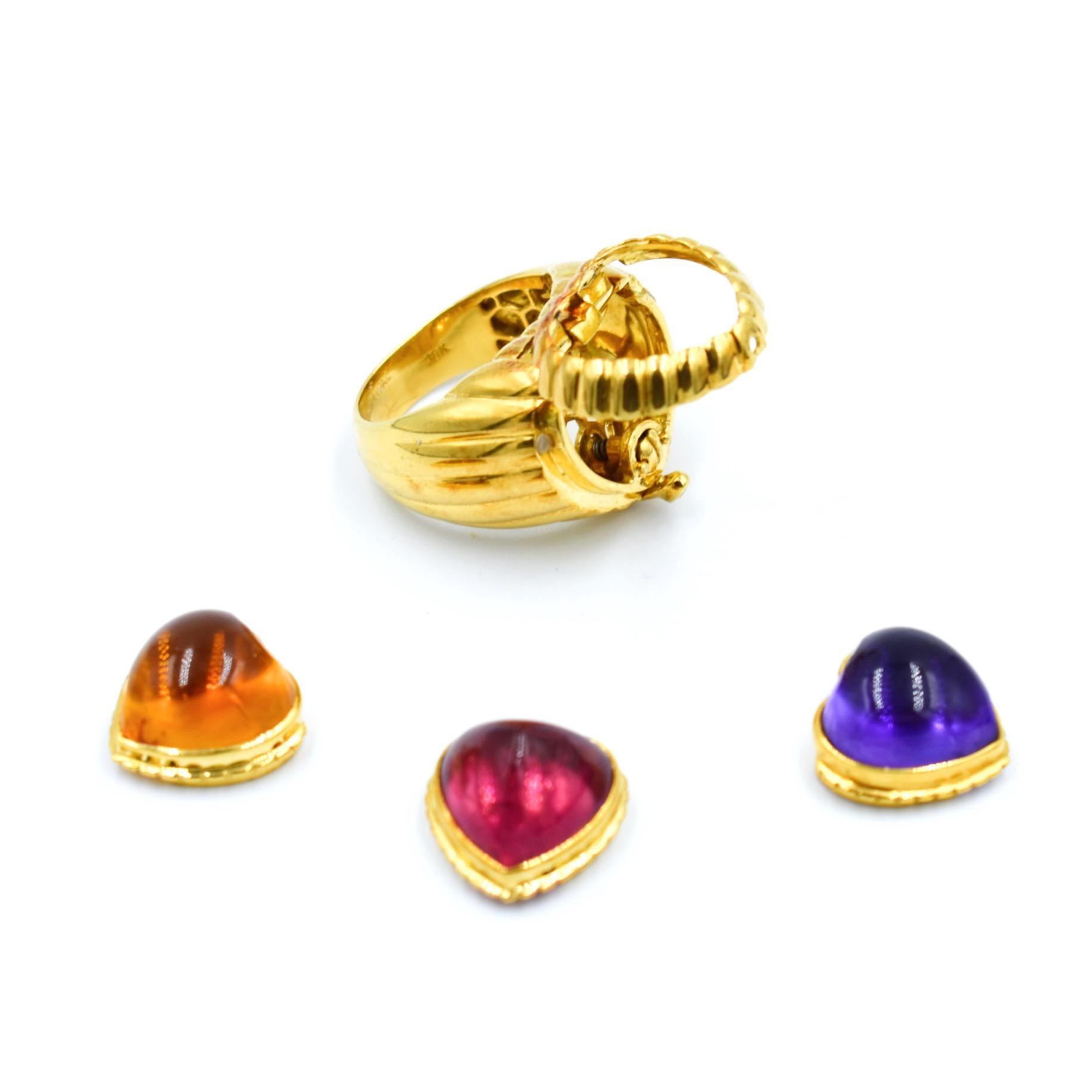 Modular 3-in-1 Heart Ring in Gold with Amethyst, Citrine, Tourmaline Cabochons For Sale 2