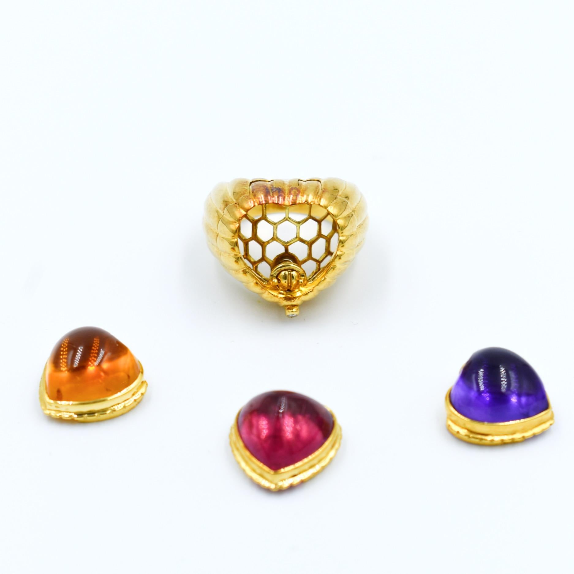 Modular 3-in-1 Heart Ring in Gold with Amethyst, Citrine, Tourmaline Cabochons For Sale 4