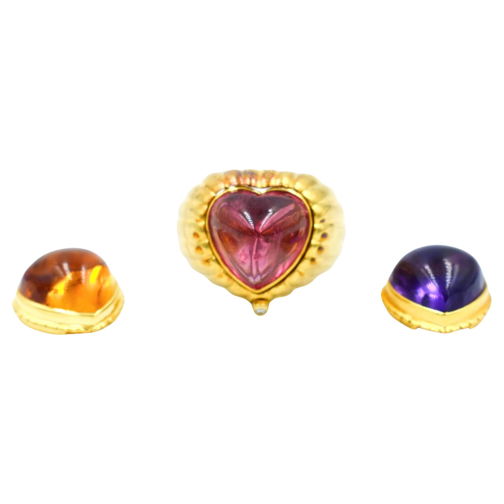 Modular 3-in-1 Heart Ring in Gold with Amethyst, Citrine, Tourmaline Cabochons For Sale