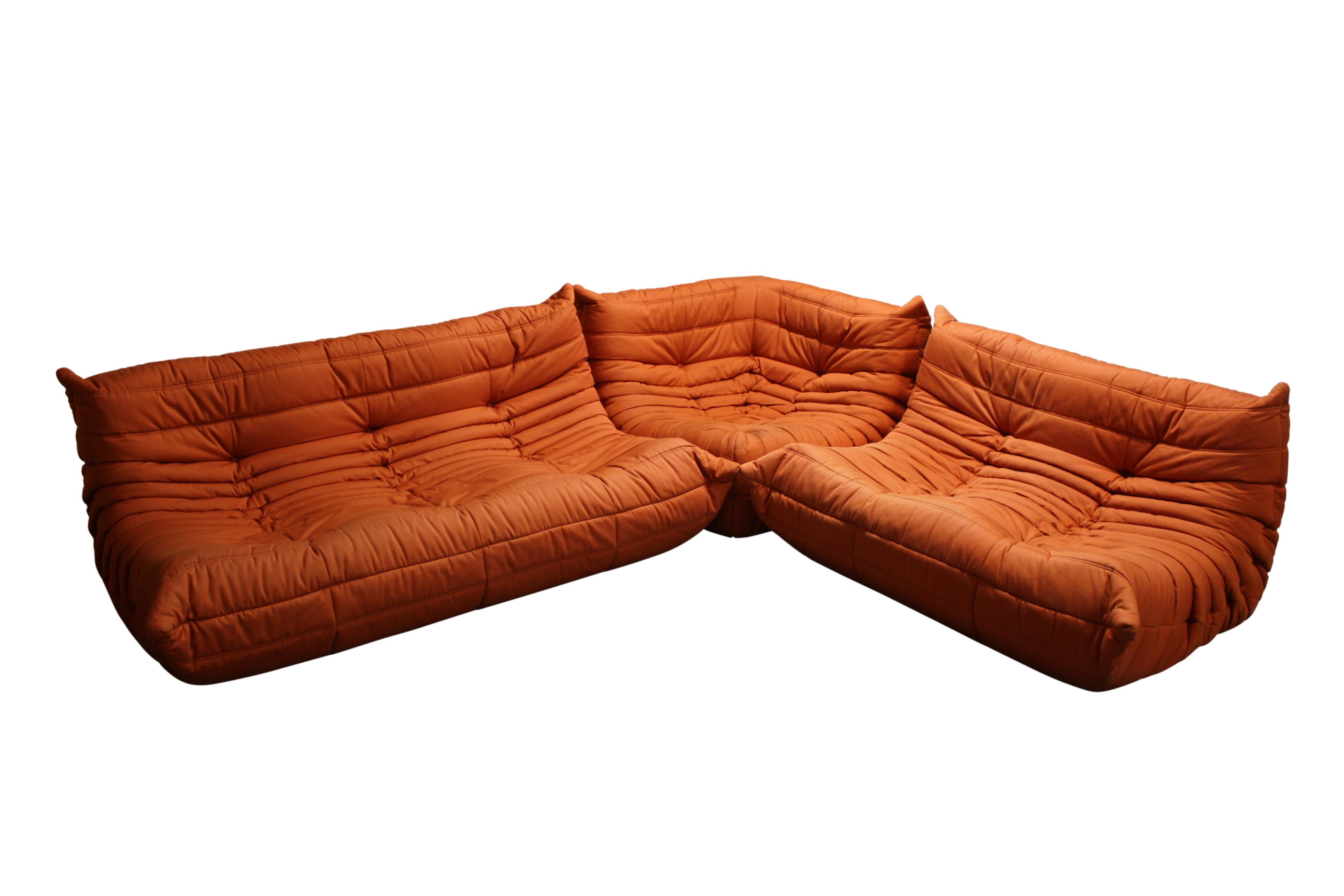 Mid-Century Modern Modular 3-Piece Orange Sofa by Michel Ducaroy for Ligne Roset