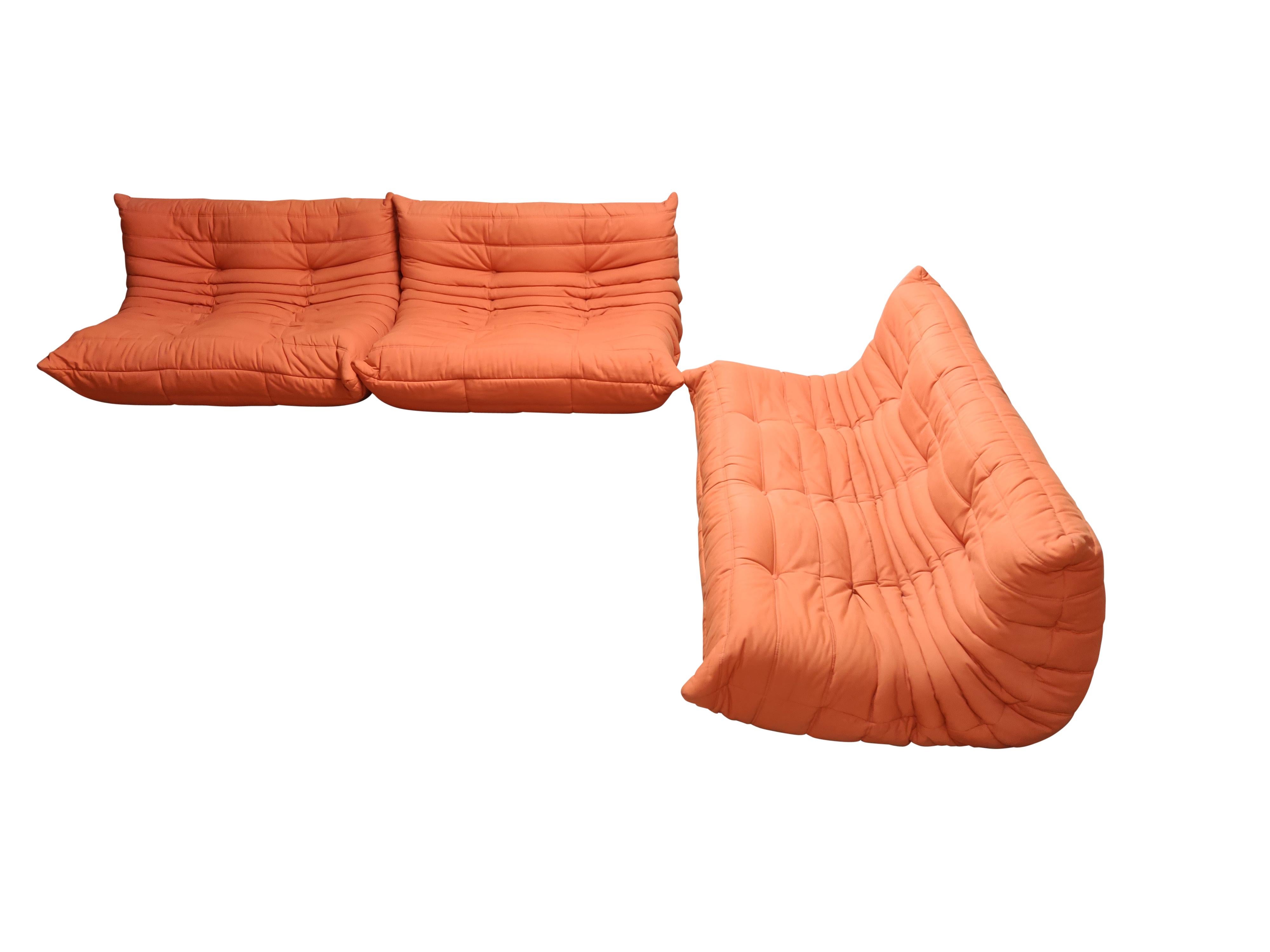 Mid-Century Modern Modular 3-Piece Orange Sofa by Michel Ducaroy for Ligne Roset