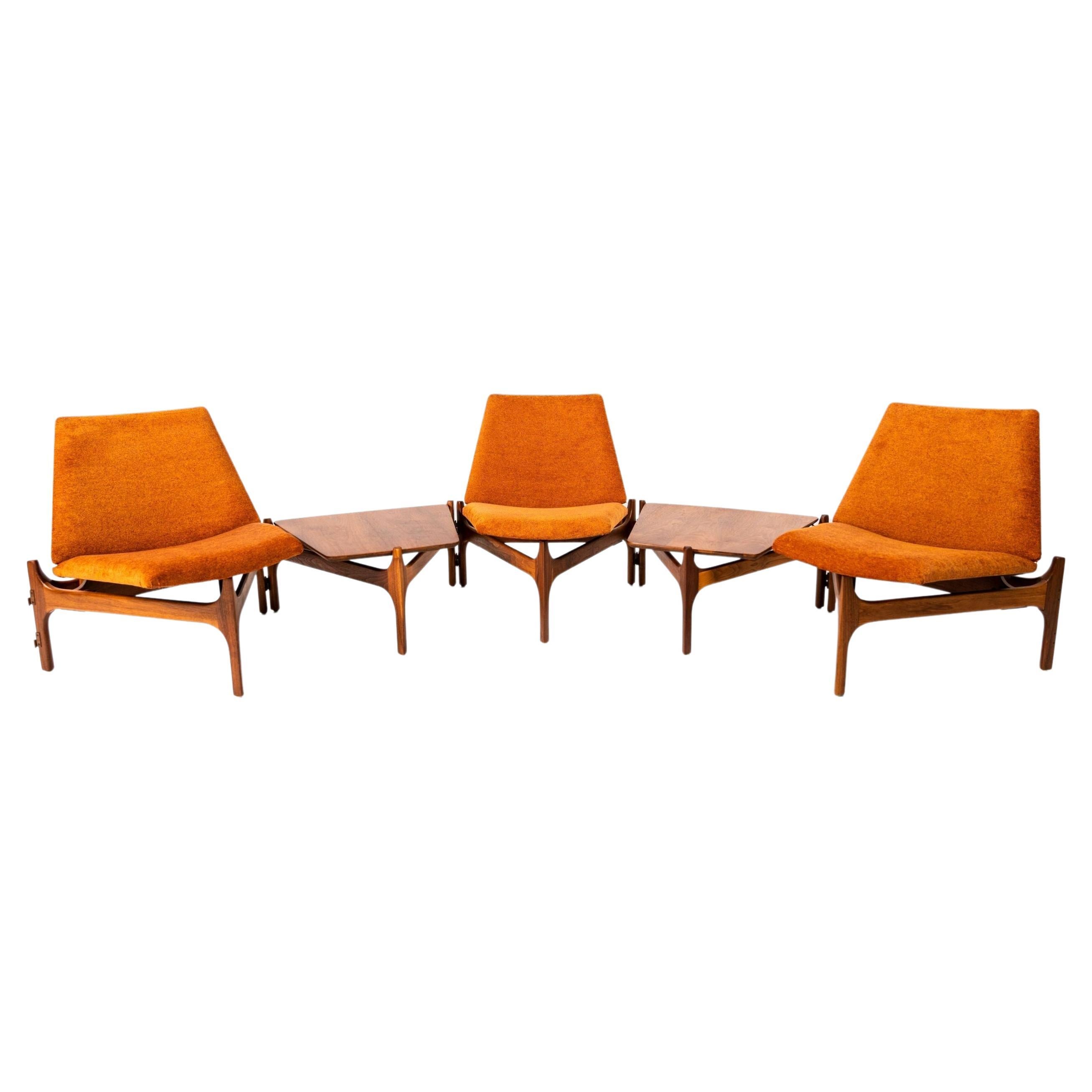 Modular 5-Piece Sectional of 3 Chairs and 2 Tables for Brown Saltman in Walnut For Sale