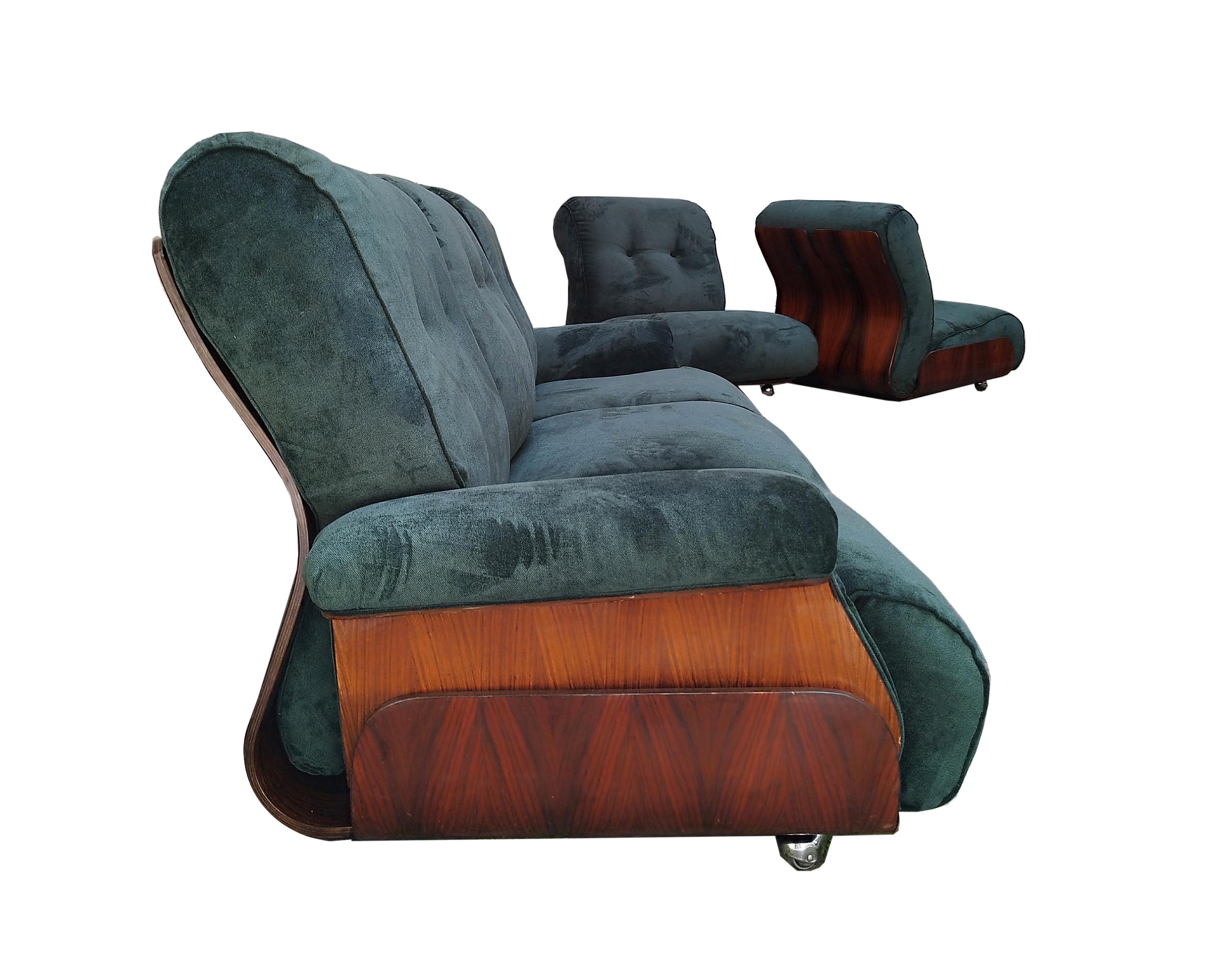 Velvet Modular 5 Seater Sofa with Wheels, Italy 1960s