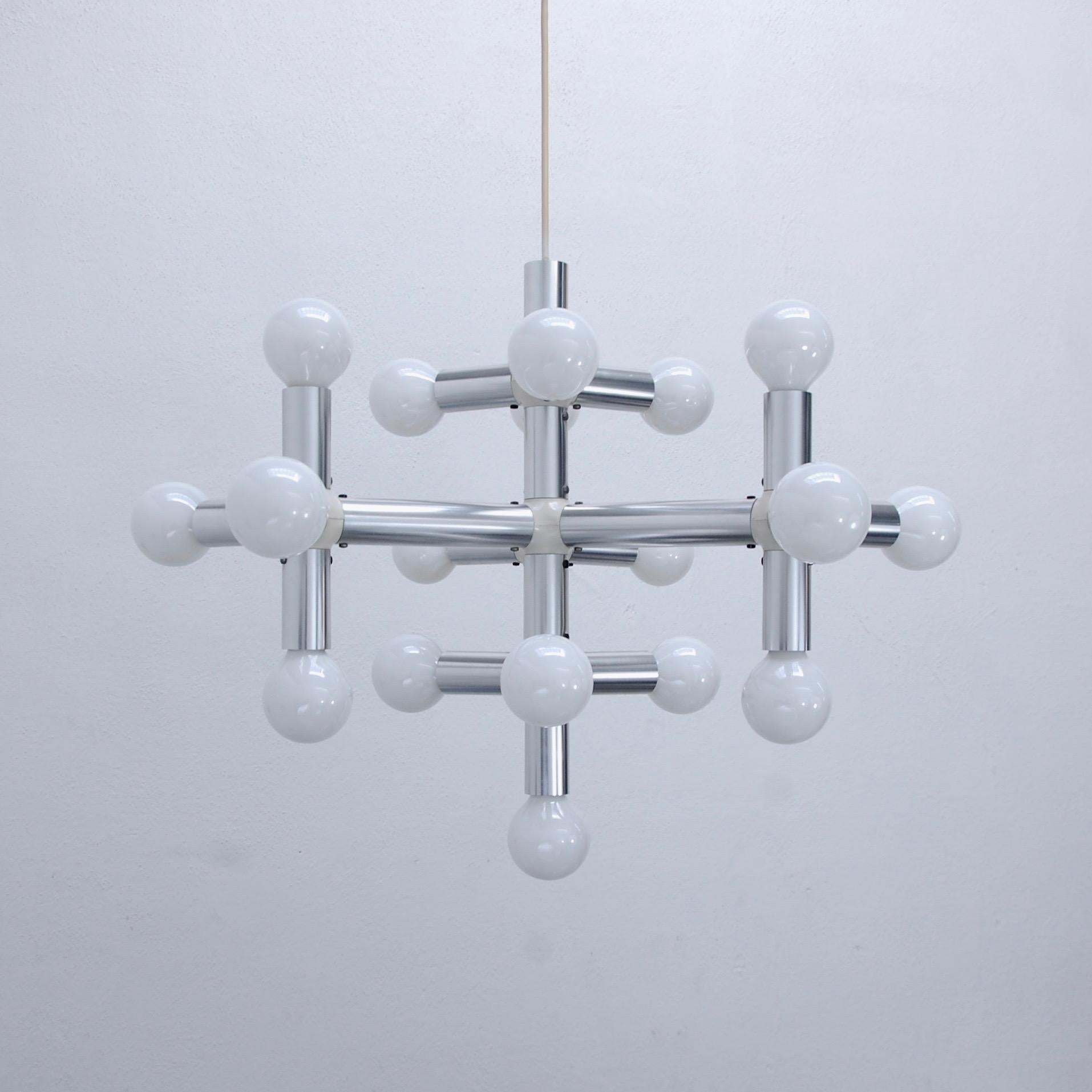 Modular 1960s Italian chandelier in satin aluminum and molded acrylic finish. Partially restored and wires have been checked. 19 globe bulbs (G25) E26 medium based light sockets. Light bulbs included with order. 
Measurements:
Fixture height: