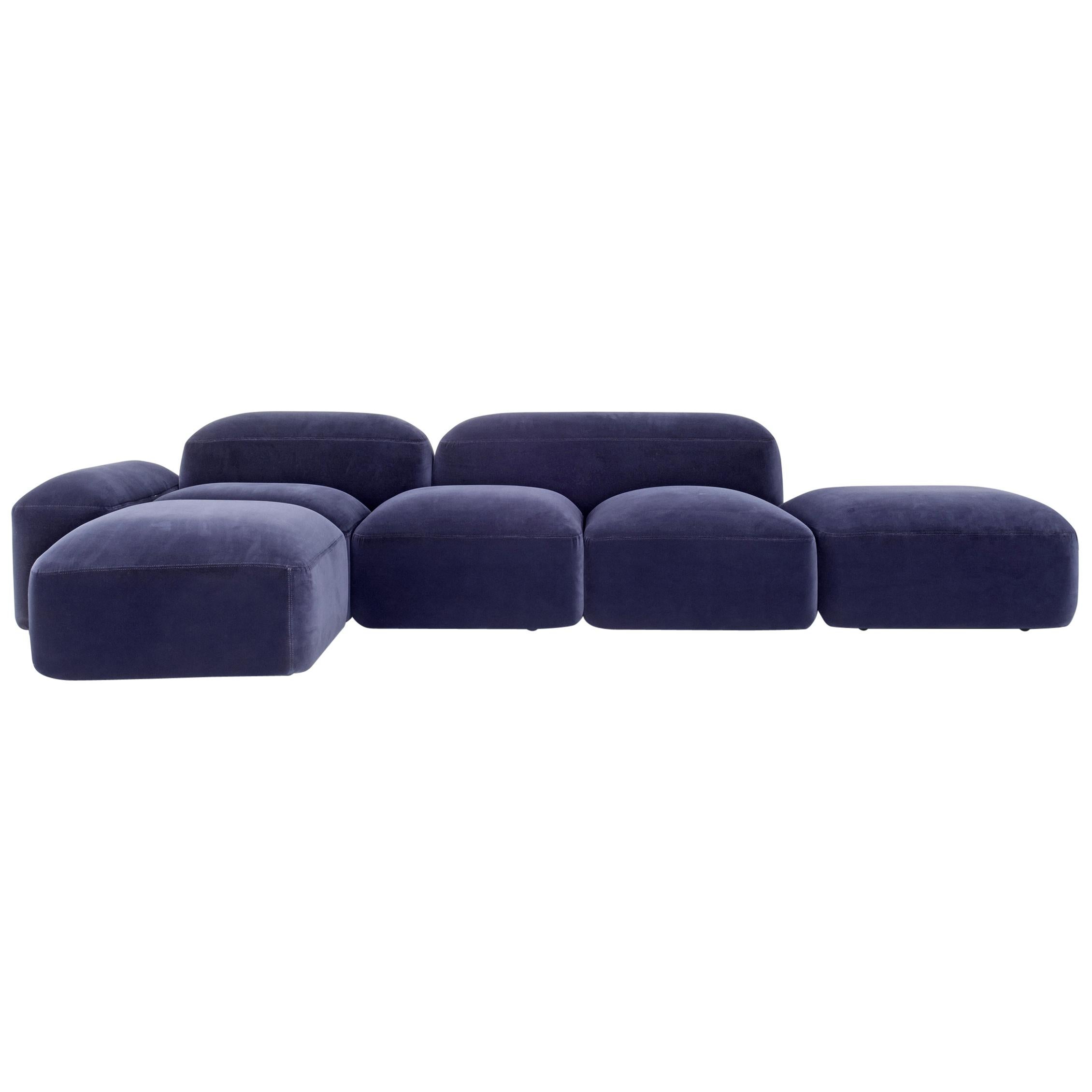 Italian Modular and Customizable Sofa 'Lapis' E019, Blue Velvet Nobilis col.13 For Sale