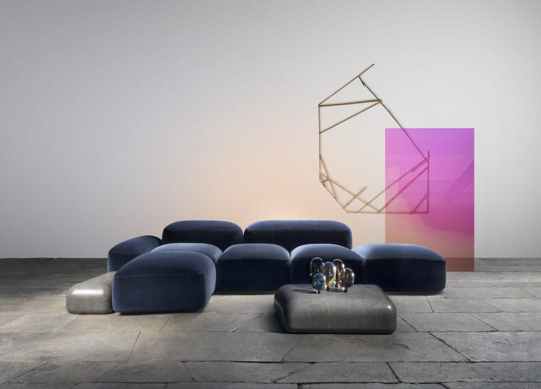 Modular and Customizable Sofa 'Lapis' E019, Blue Velvet Nobilis col.13 For Sale 2