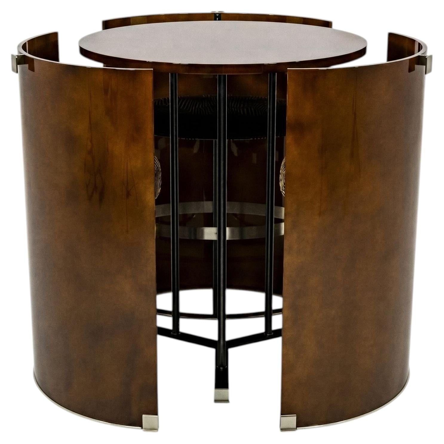 Modular Bar Table with Three Integrated Stools in Clouded Cognac Lacquer For Sale