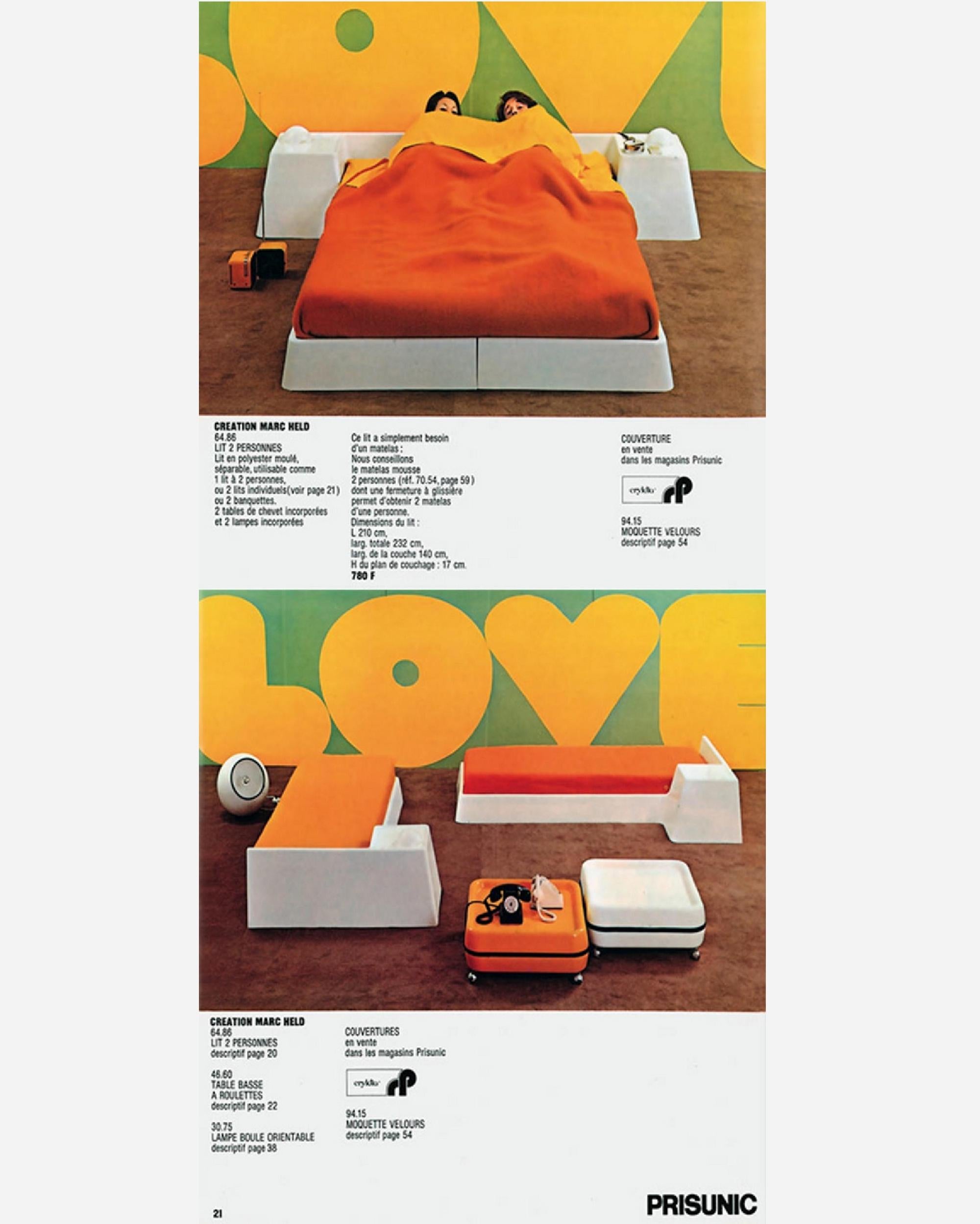 Cama doble modular, hacia 1970. Edición Creadores e Industriales para Prisunic
Poliéster moldeado termoformado y fibra de vidrio
Sistema de luz integrado en ambas unidades de cabecera

En los años 60, Marc Held diseñó un conjunto de muebles a