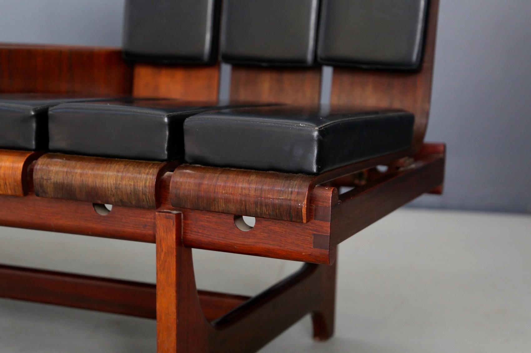 Mid-Century Modern Modular Bench by Barovero Torino in Rosewood and Black Leather, Label 1955
