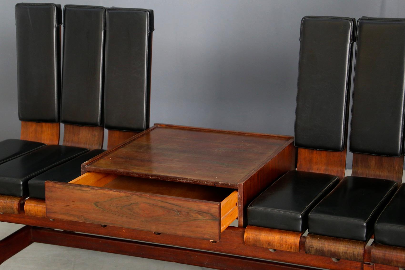 Modular Bench by Barovero Torino in Rosewood and Black Leather, Label 1955 1