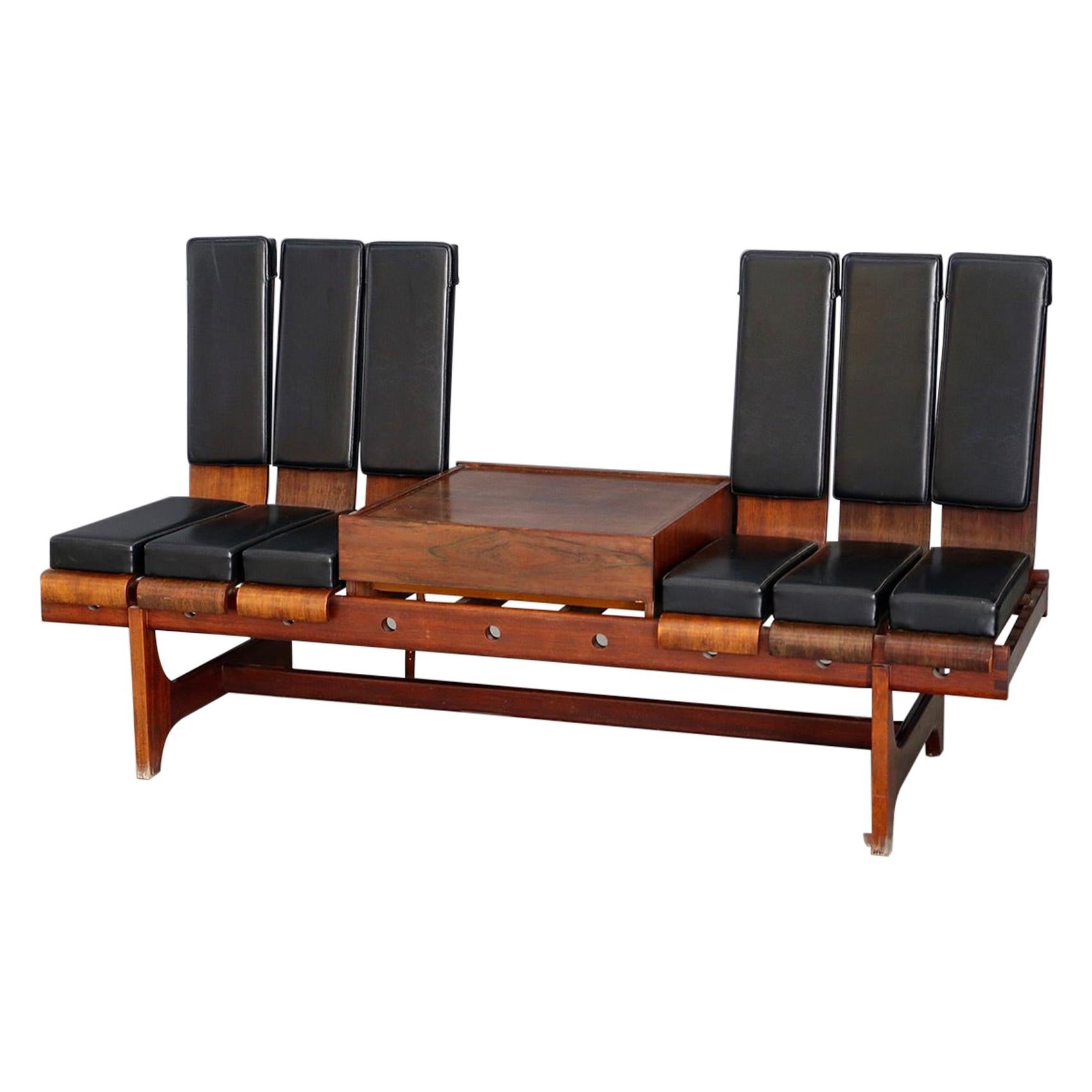 Modular Bench by Barovero Torino in Rosewood and Black Leather, Label 1955