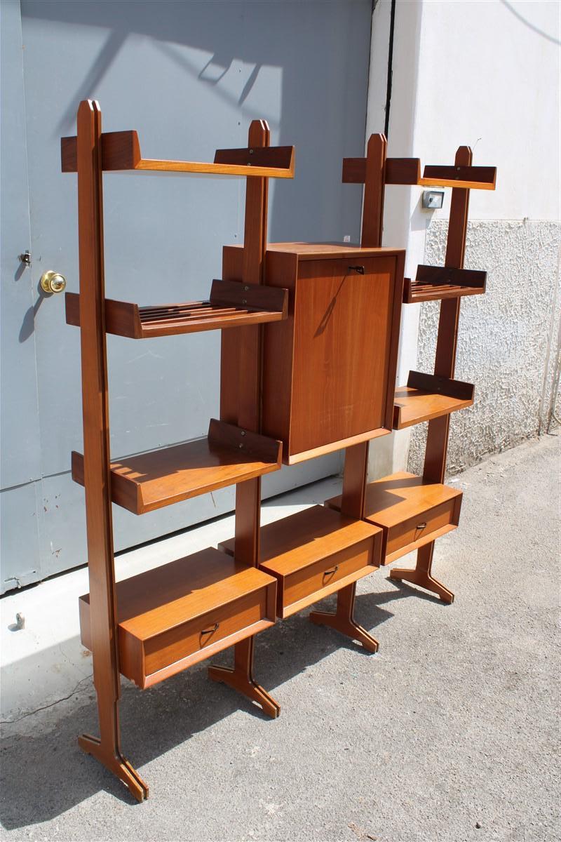 Modular bookcase in Cherry midcentury Italian Design 1950s shelves drawers Dassi.