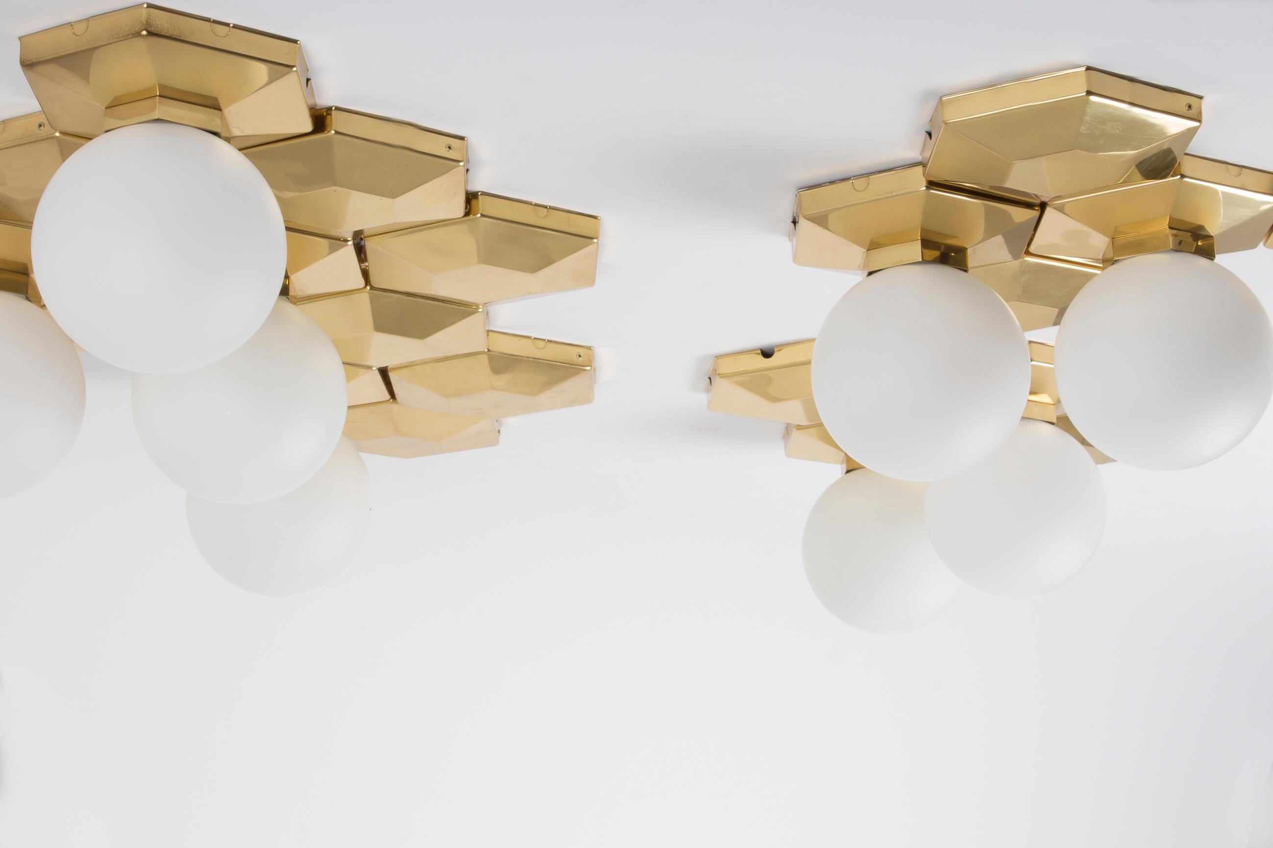 Space Age Modular Brass and Glass Flush Mounts, circa 1970 For Sale