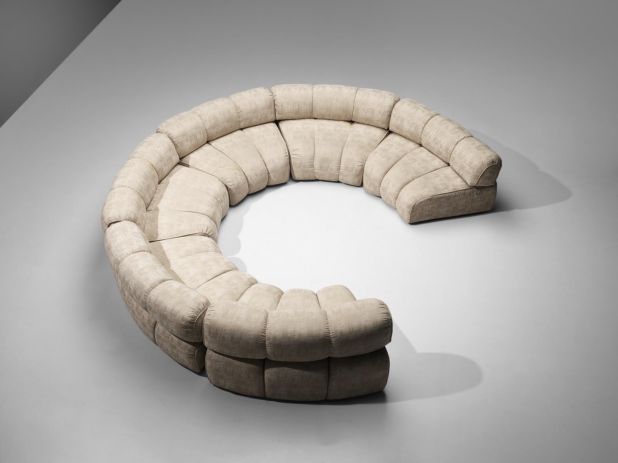 Modular sofa, fabric, Europe, 1970s. 

This grandiose characteristic sofa finds itself at the intersection of art and design. This design transcends the typical concept of the sofa by embodying artistic elements that refer to the ethos of the