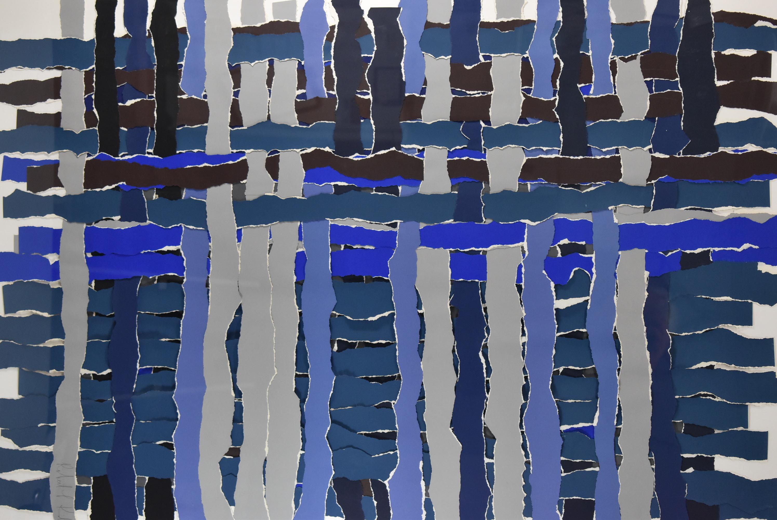 Woven torn paper wall art, primary color blue, part of the Modular Color Series, signed by artist Robert Kidd, circa 1980s. Artwork includes original gallery tags, may be hung vertically or horizontally. Very good to excellent condition. Dimensions: