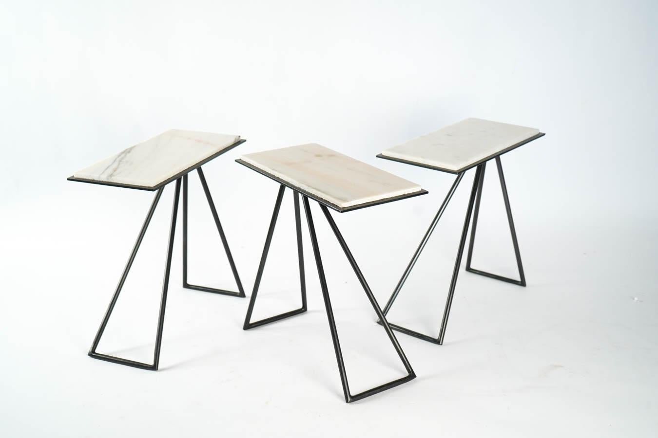 Modular contemporary design coffee tables by Anouchka Potdevin. In stainless steel and marble. Custom ordered in other colors.
Measures: H 34cm, L 32cm, P 17cm.