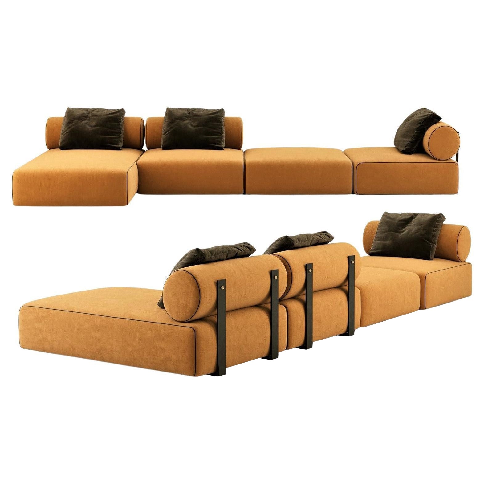 Modular Contemporary Sofa With Cylindrical Backrests and Metal Support Detailing